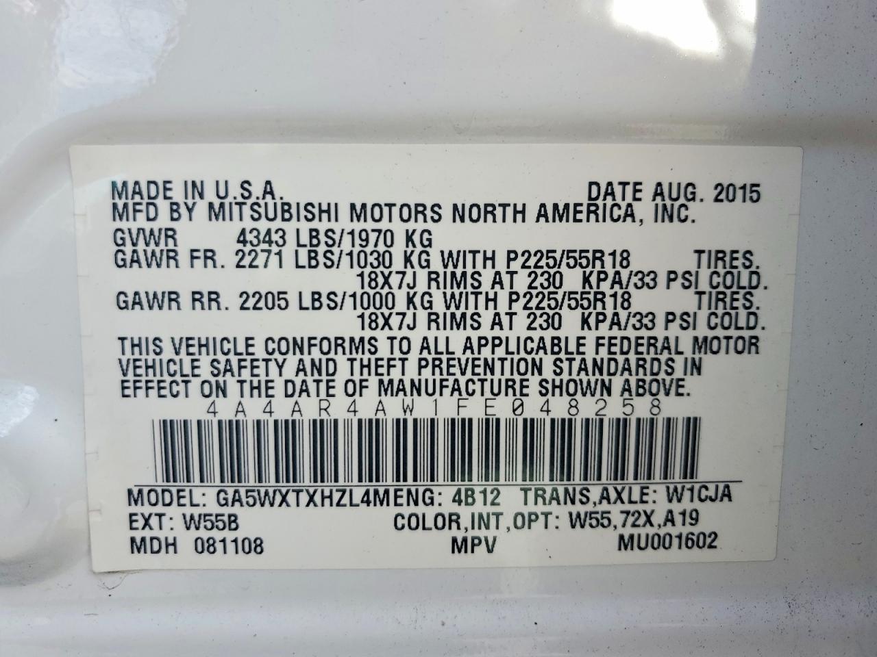 2015 Mitsubishi Outlander Sport Se White vin: 4A4AR4AW1FE048258