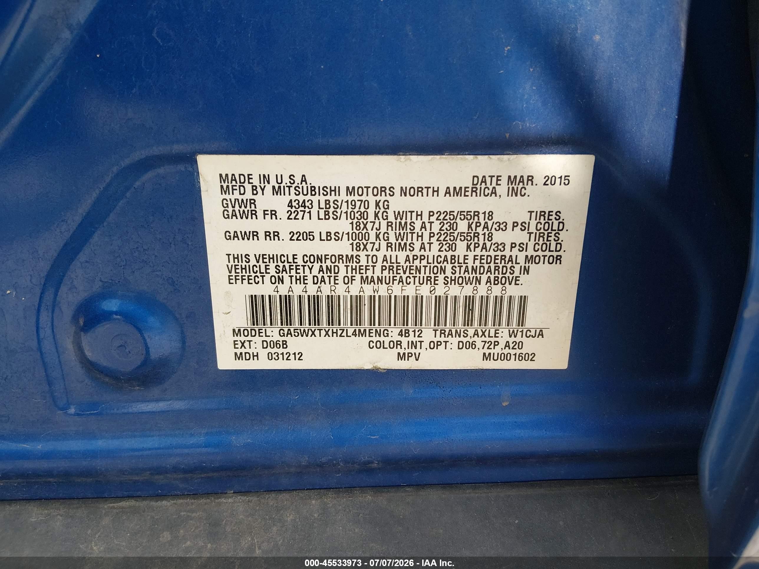2015 Mitsubishi Outlander Sport Gt Blue vin: 4A4AR4AW6FE027888