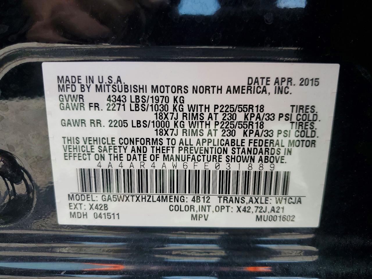 2015 Mitsubishi Outlander Sport Se Black vin: 4A4AR4AW6FE031889