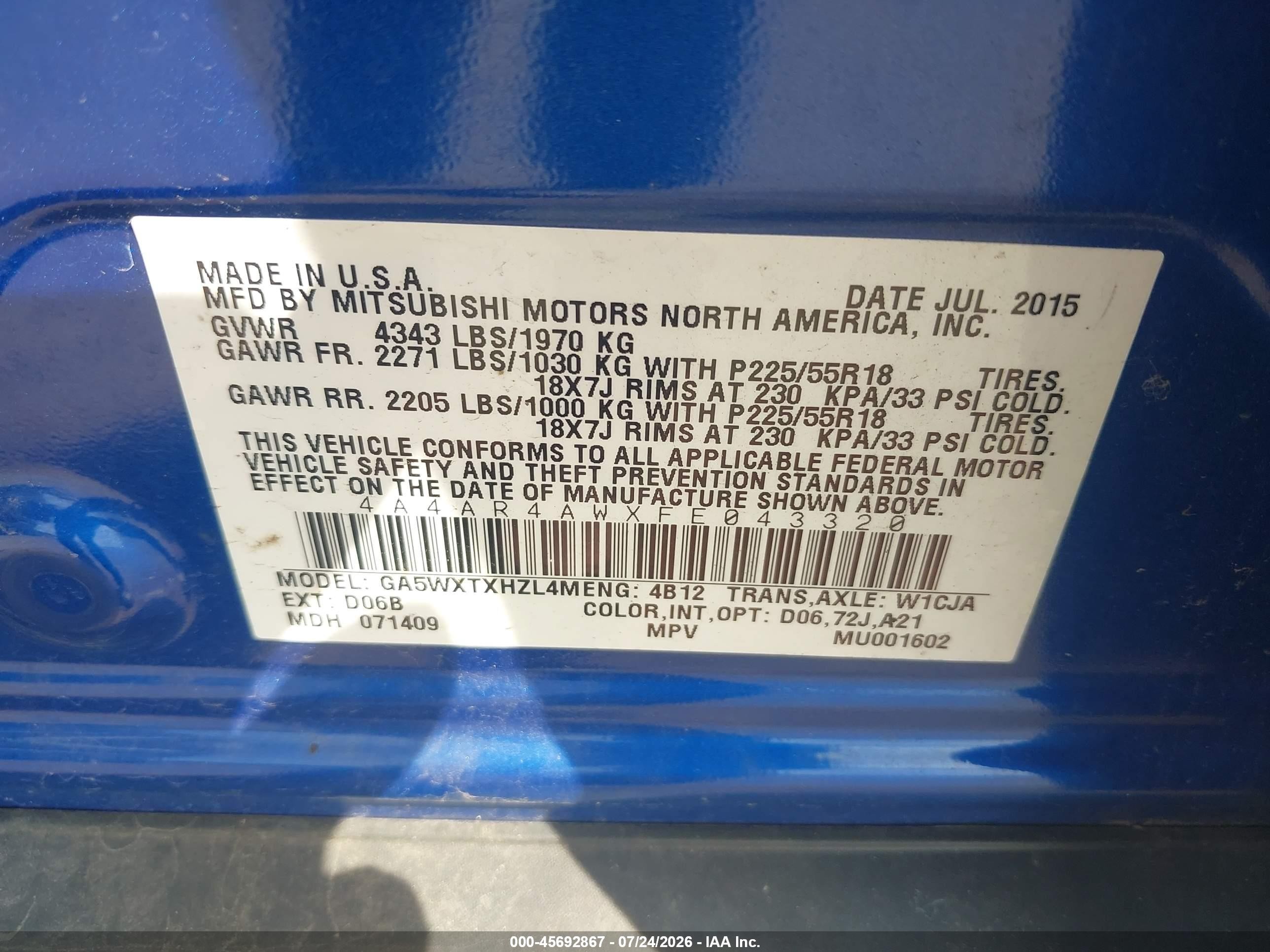 2015 Mitsubishi Outlander Sport Gt Blue vin: 4A4AR4AWXFE043320