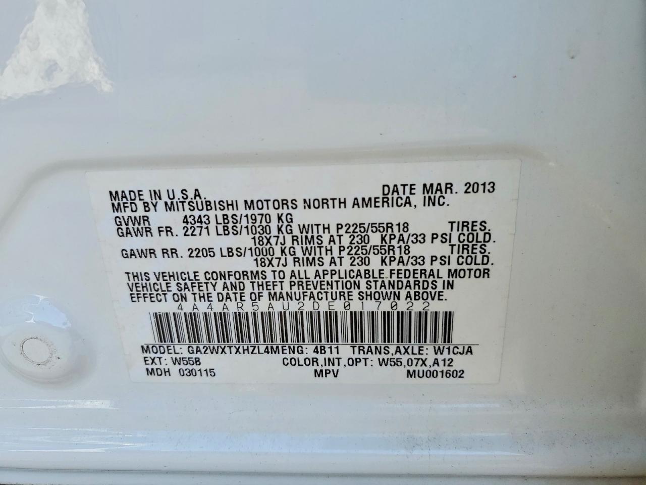 2013 Mitsubishi Outlander Sport Le White vin: 4A4AR5AU2DE017022