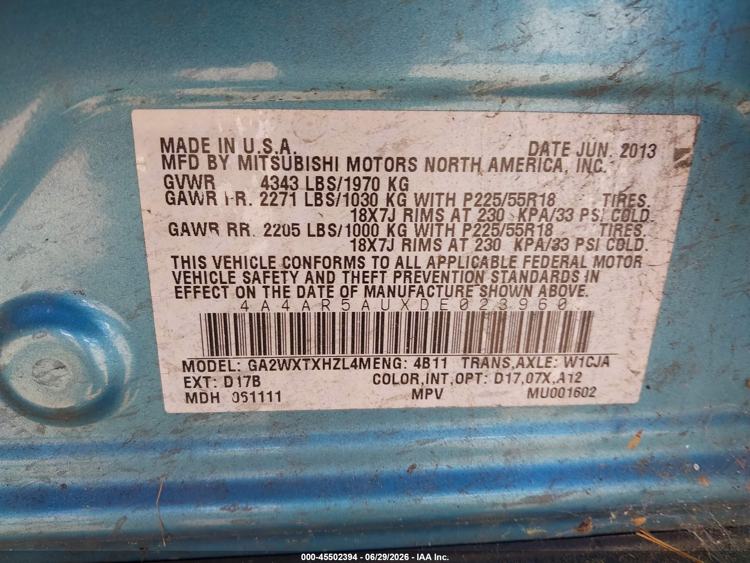 2013 Mitsubishi Outlander Sport Le Blue vin: 4A4AR5AUXDE023960