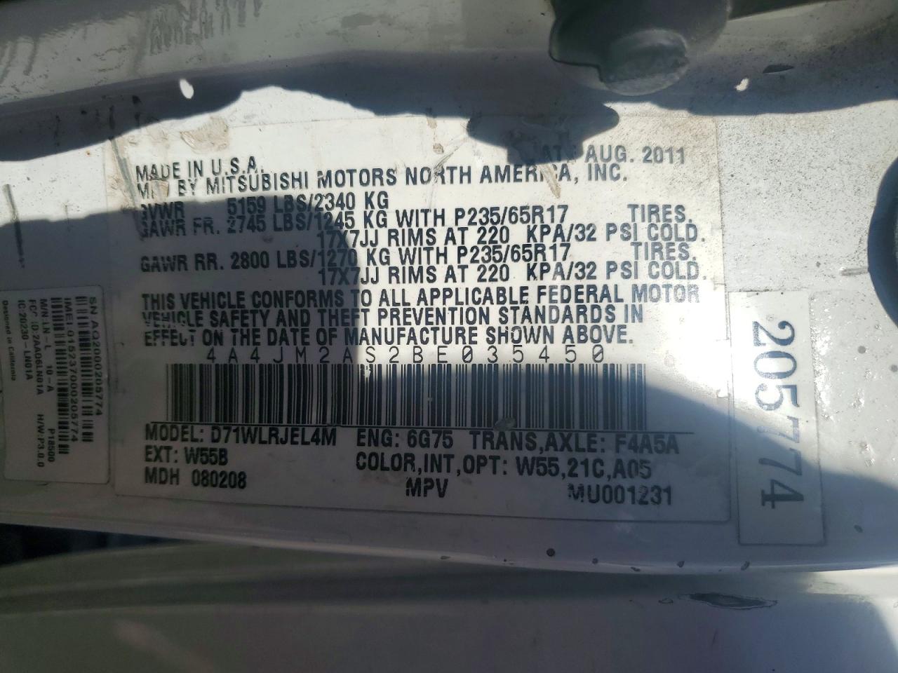 2011 Mitsubishi Endeavor Ls Белый vin: 4A4JM2AS2BE035450