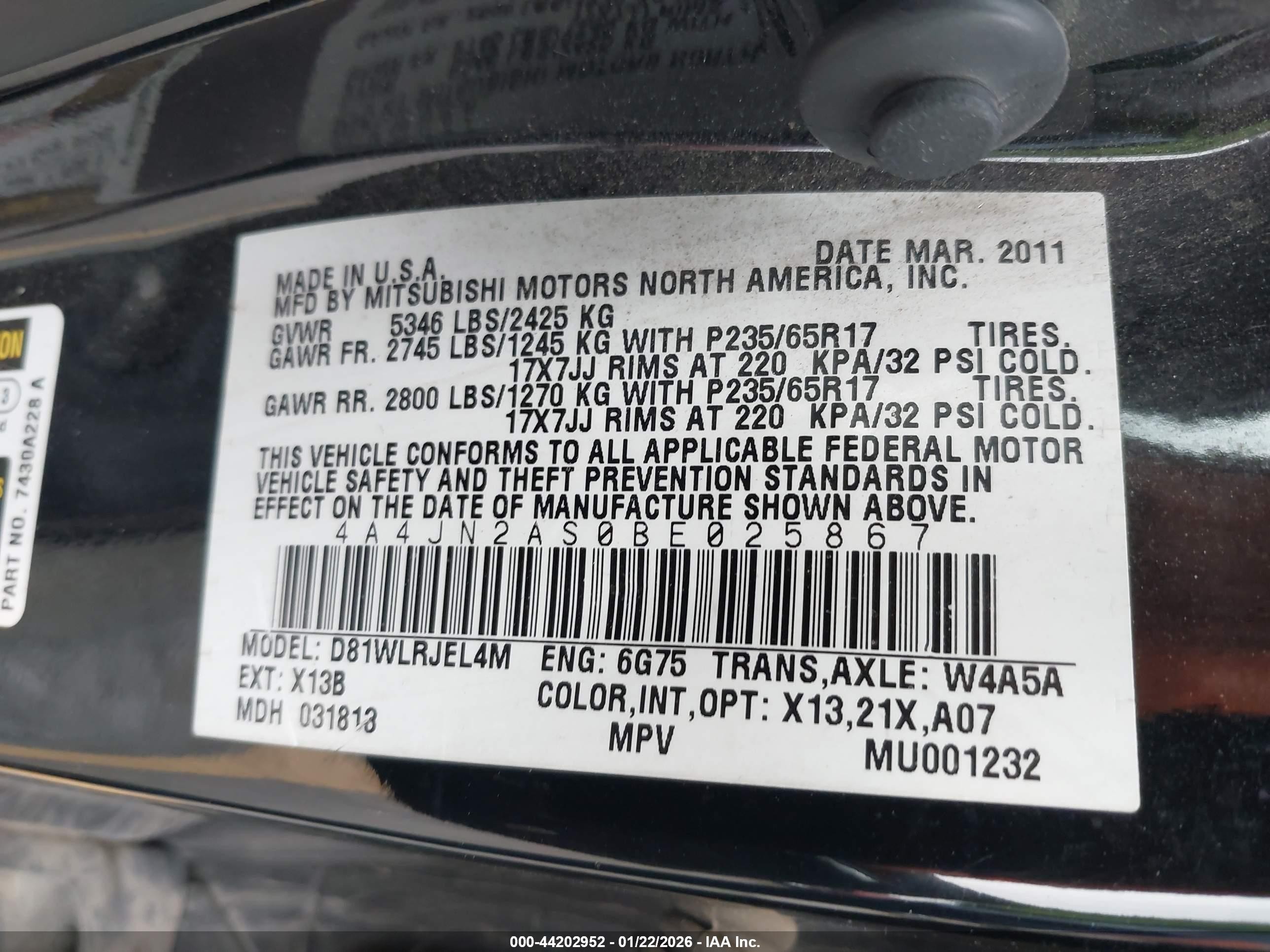 2011 Mitsubishi Endeavor   Black vin: 4A4JN2AS0BE025867