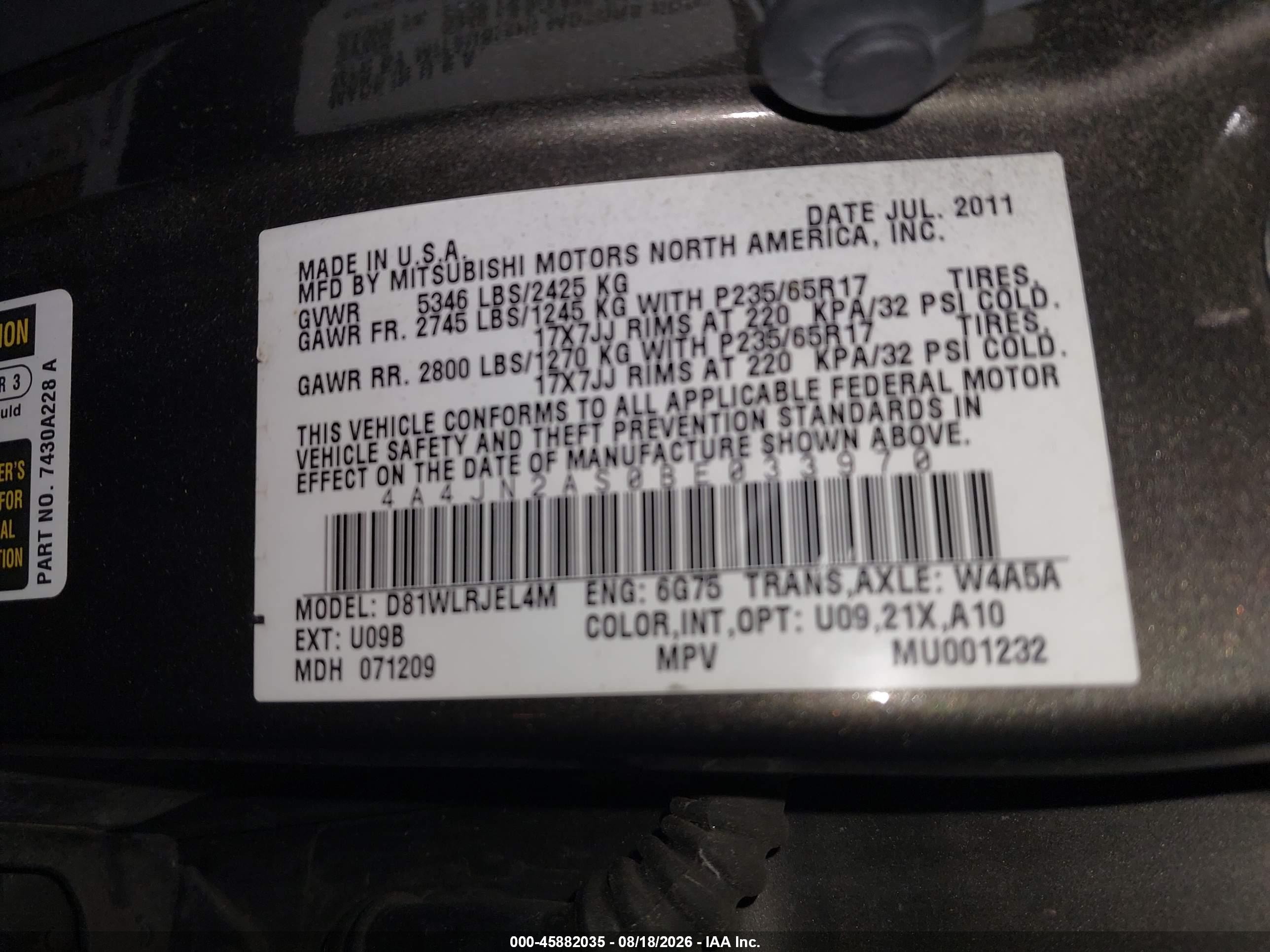 2011 Mitsubishi Endeavor   Brown vin: 4A4JN2AS0BE033970