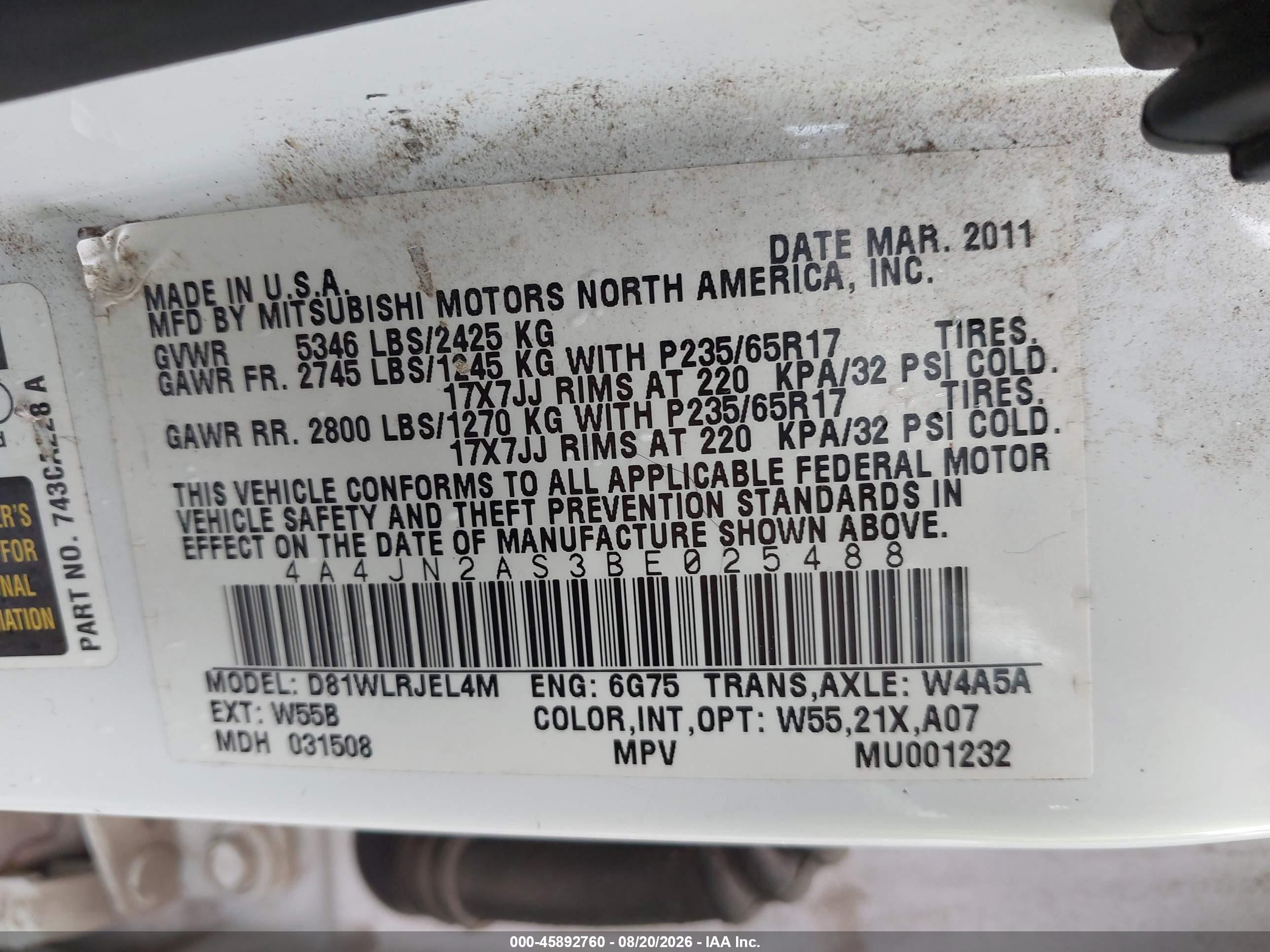 2011 Mitsubishi Endeavor   White vin: 4A4JN2AS3BE025488