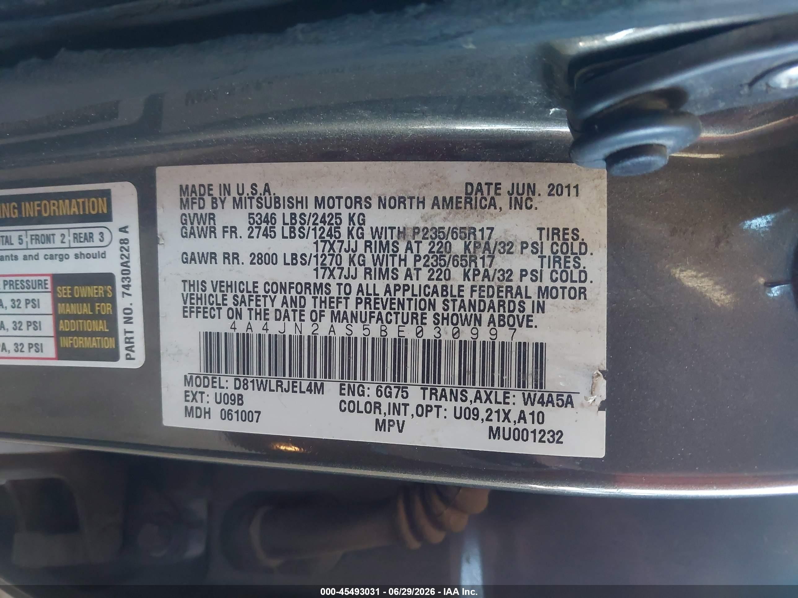 2011 Mitsubishi Endeavor   Gray vin: 4A4JN2AS5BE030997