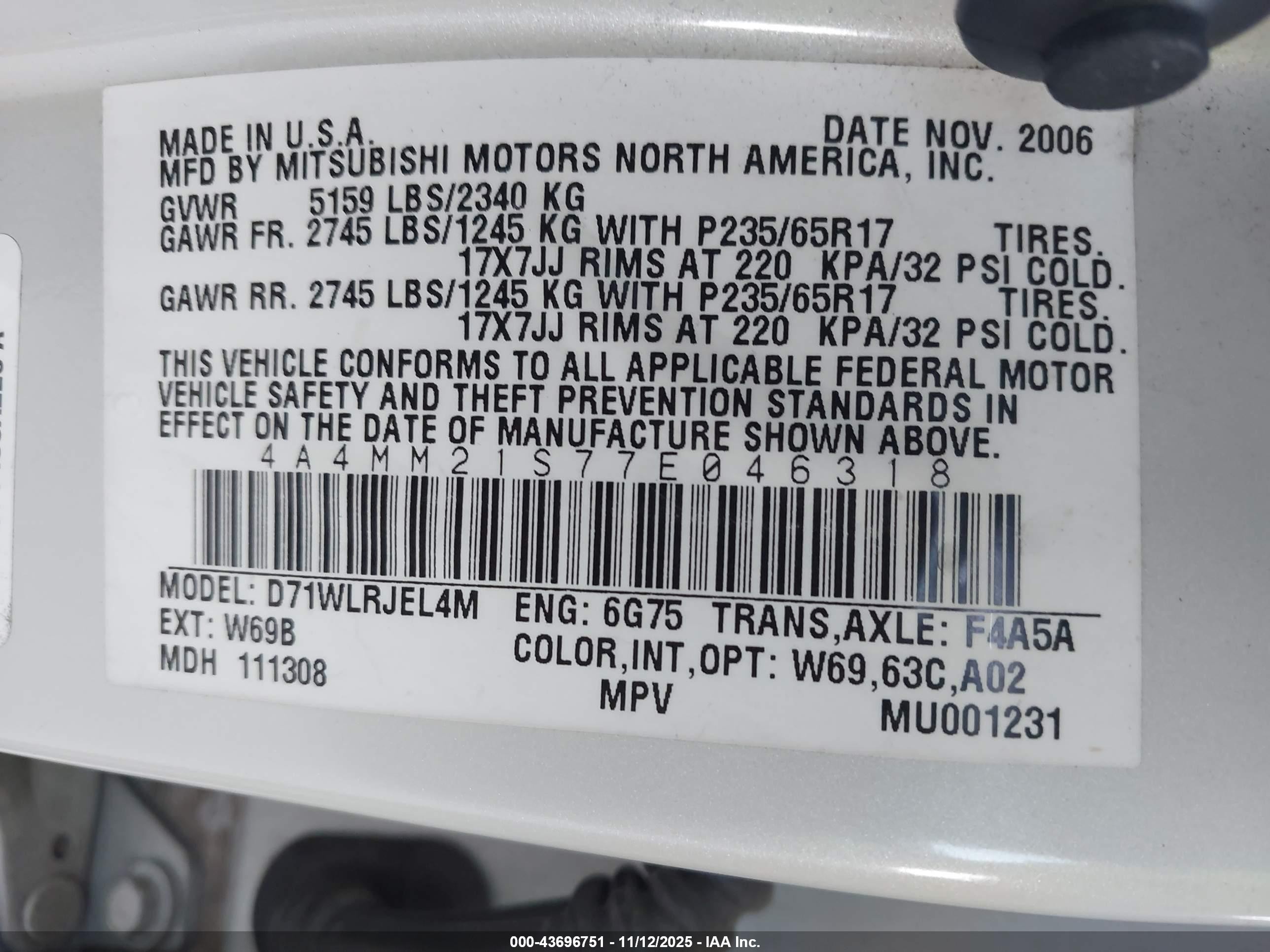 2007 Mitsubishi Endeavor Ls White vin: 4A4MM21S77E046318