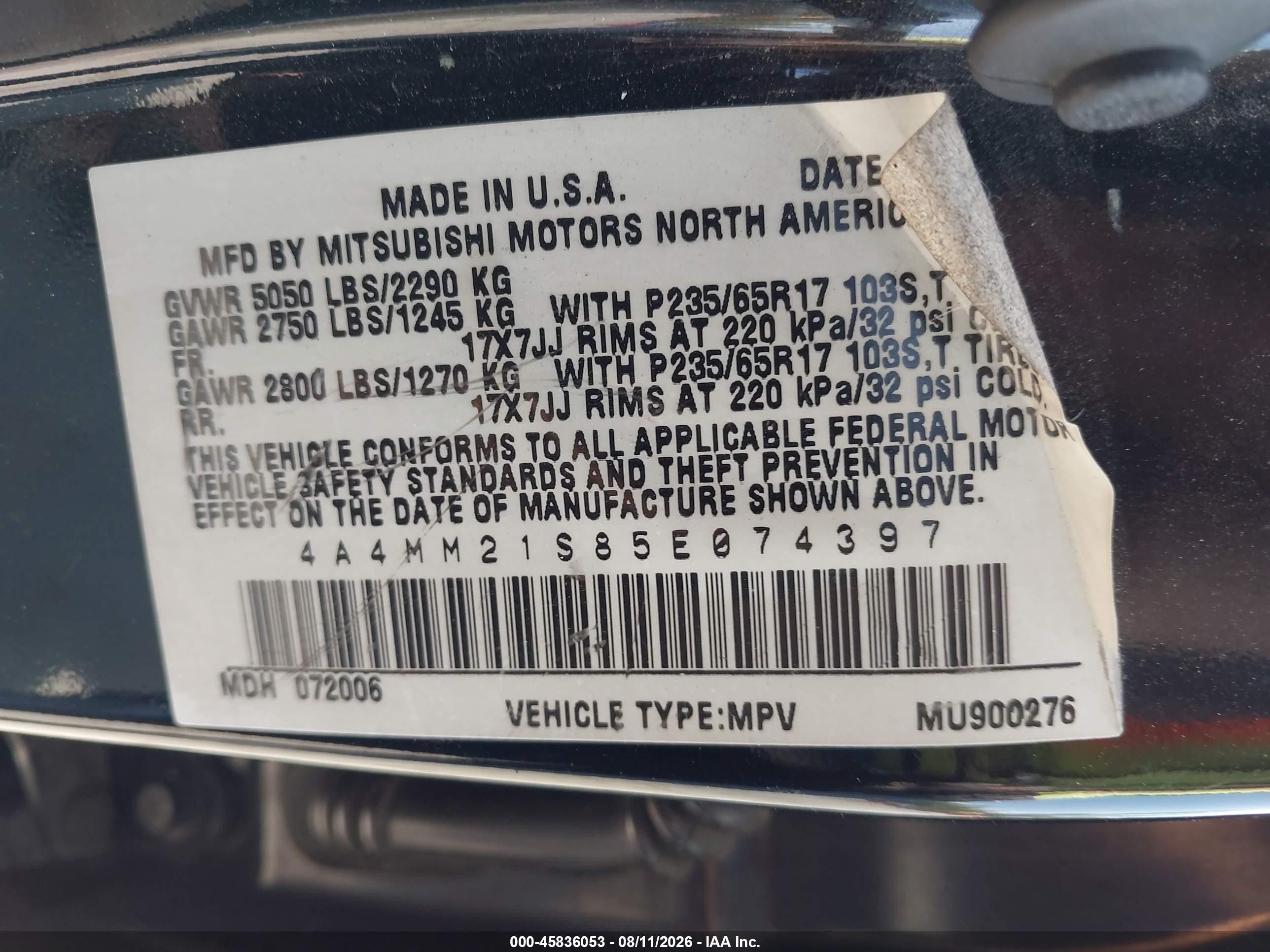 2005 Mitsubishi Endeavor Ls Black vin: 4A4MM21S85E074397