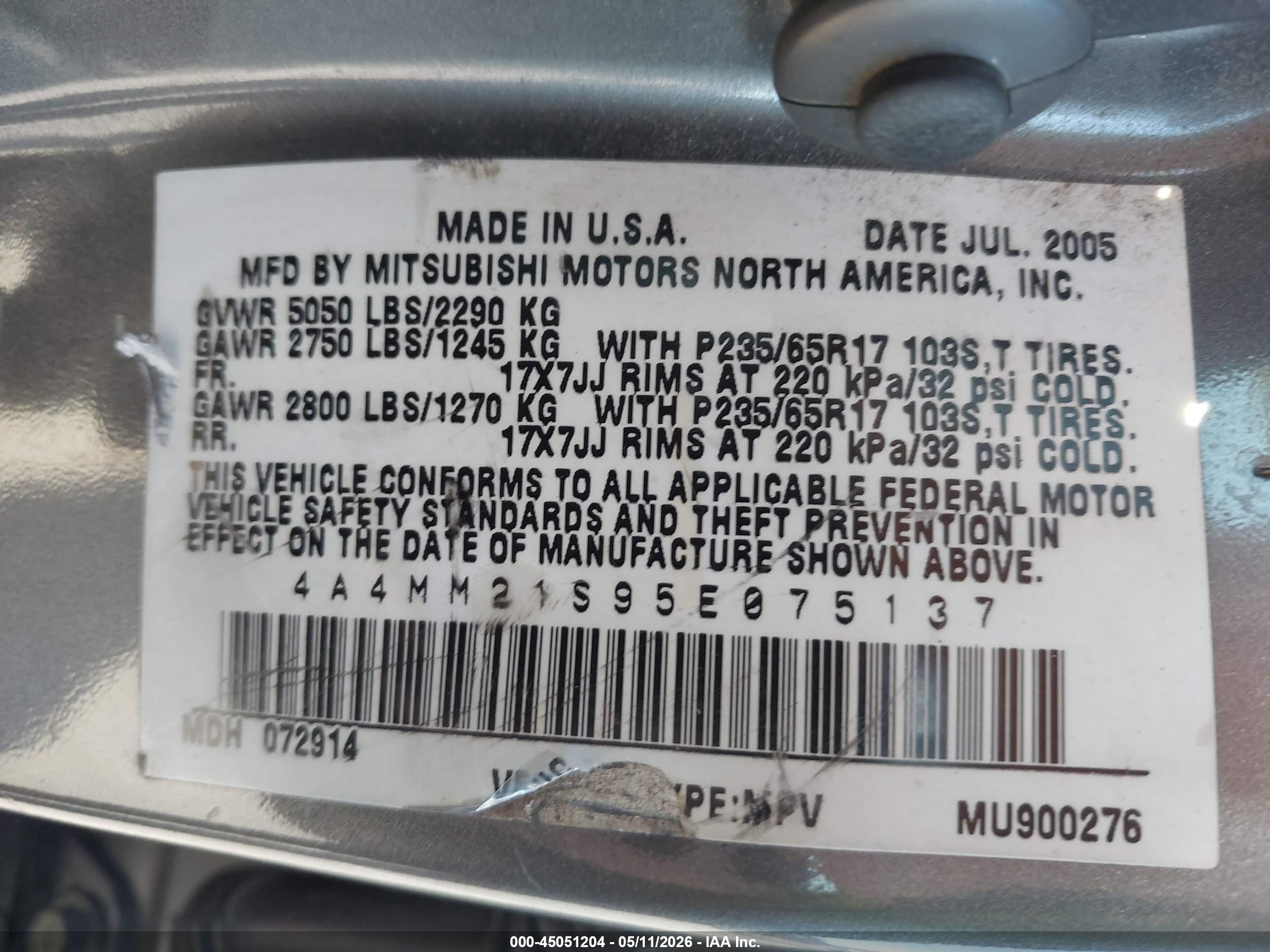 2005 Mitsubishi Endeavor Ls Gray vin: 4A4MM21S95E075137
