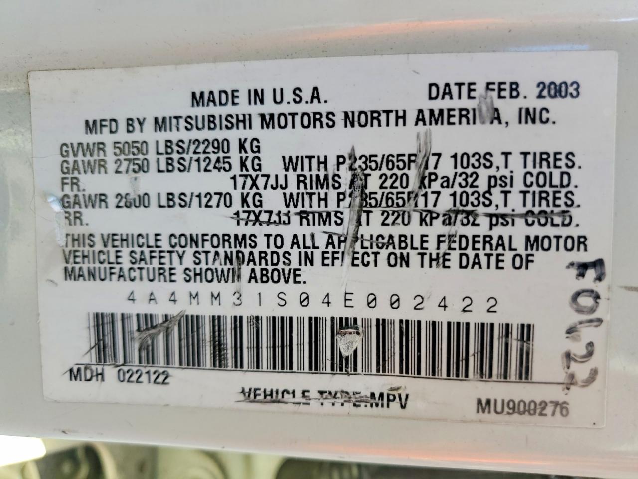 2004 Mitsubishi Endeavor Xls White vin: 4A4MM31S04E002422