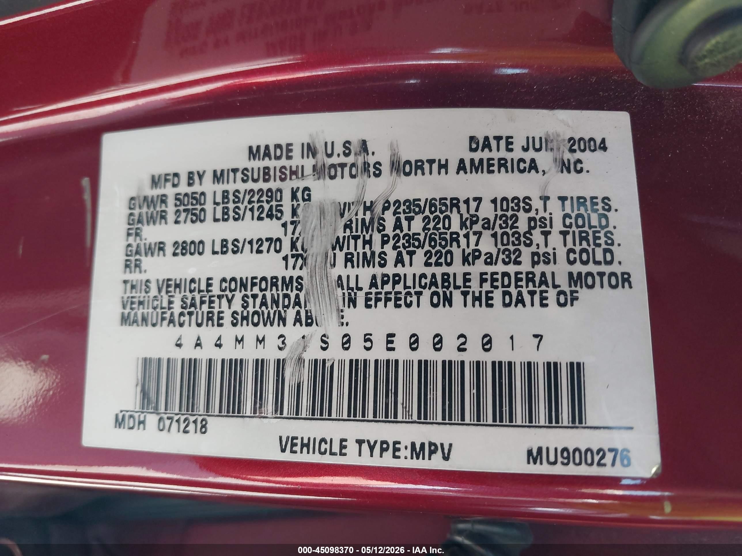 2005 Mitsubishi Endeavor Xls Burgundy vin: 4A4MM31S05E002017
