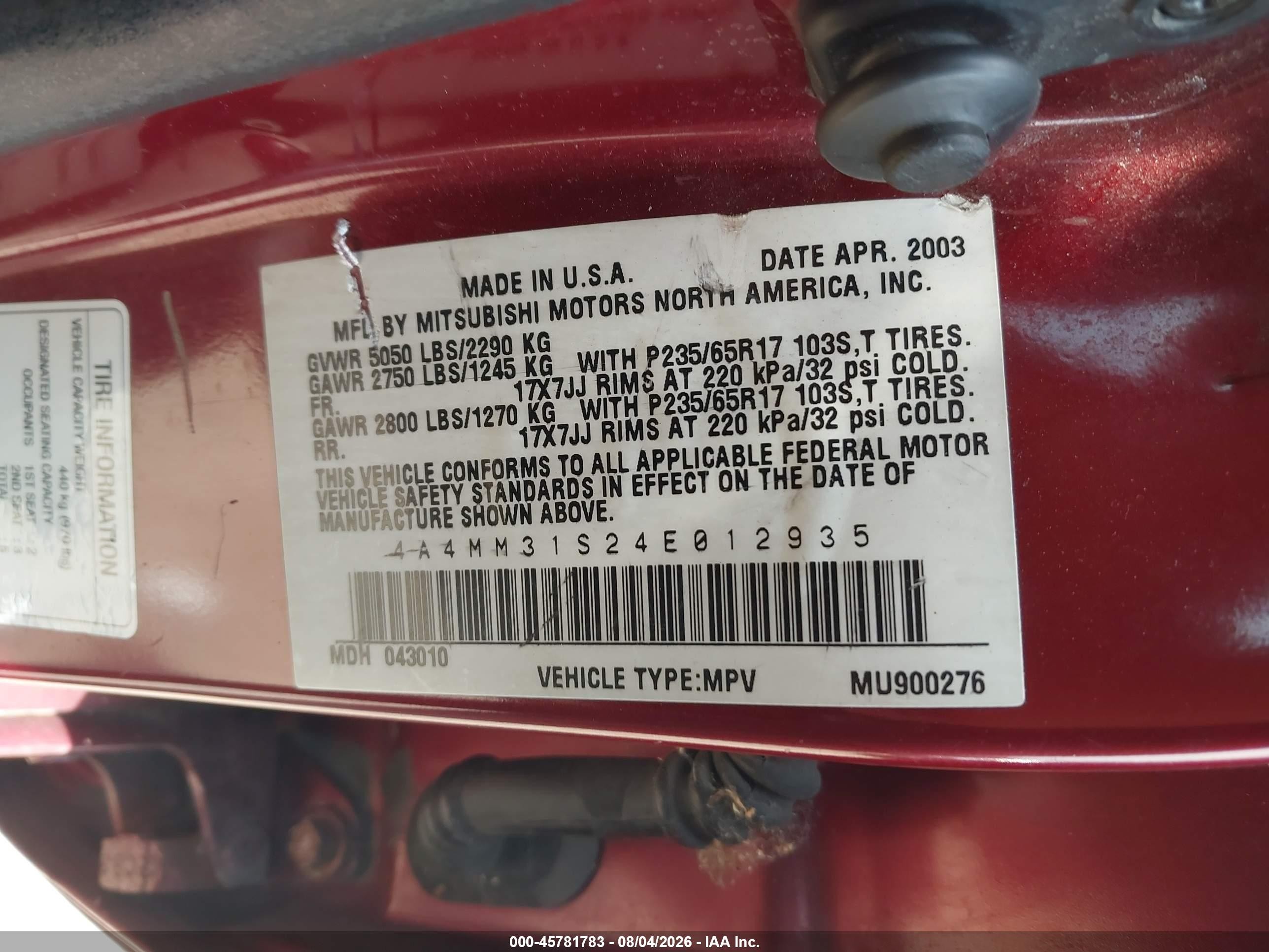 2004 Mitsubishi Endeavor Xls Red vin: 4A4MM31S24E012935