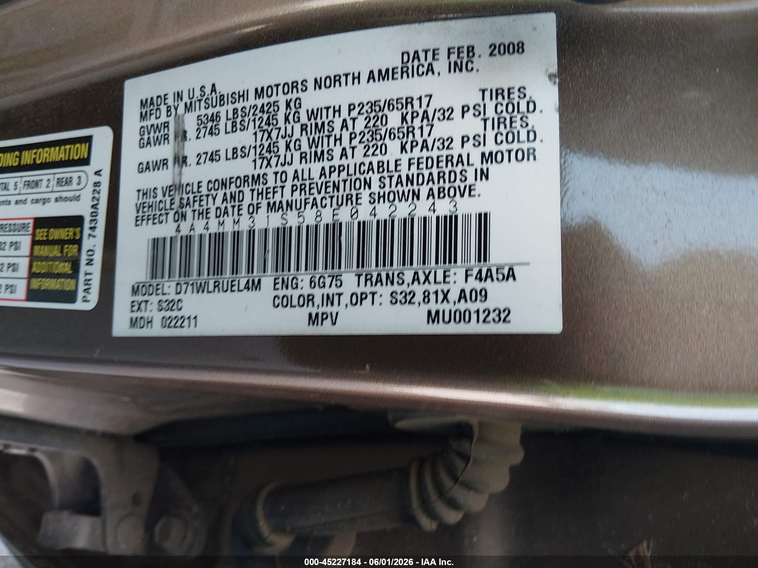 2008 Mitsubishi Endeavor Se Beige vin: 4A4MM31S58E042243