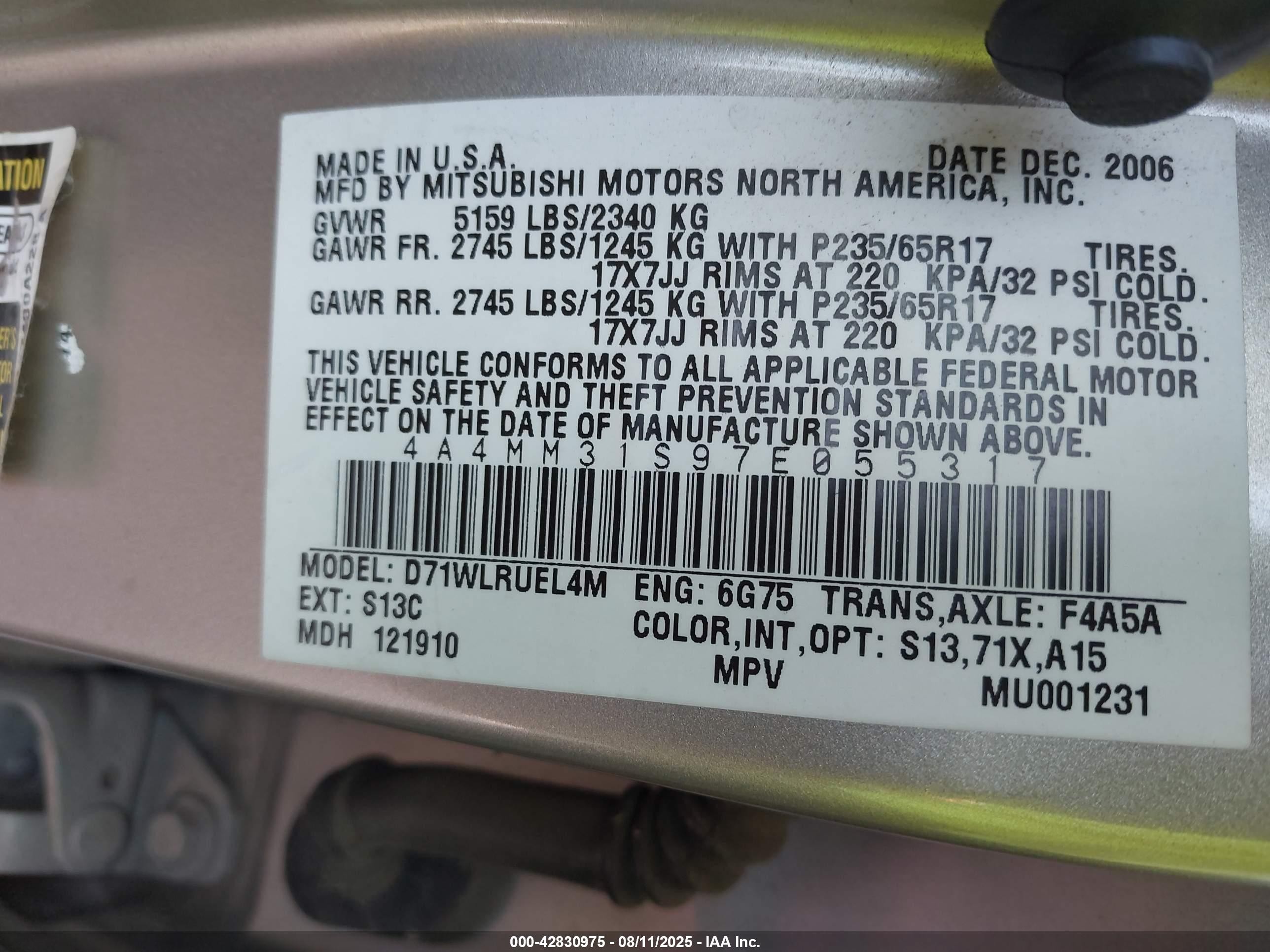 2007 Mitsubishi Endeavor Se White vin: 4A4MM31S97E055317
