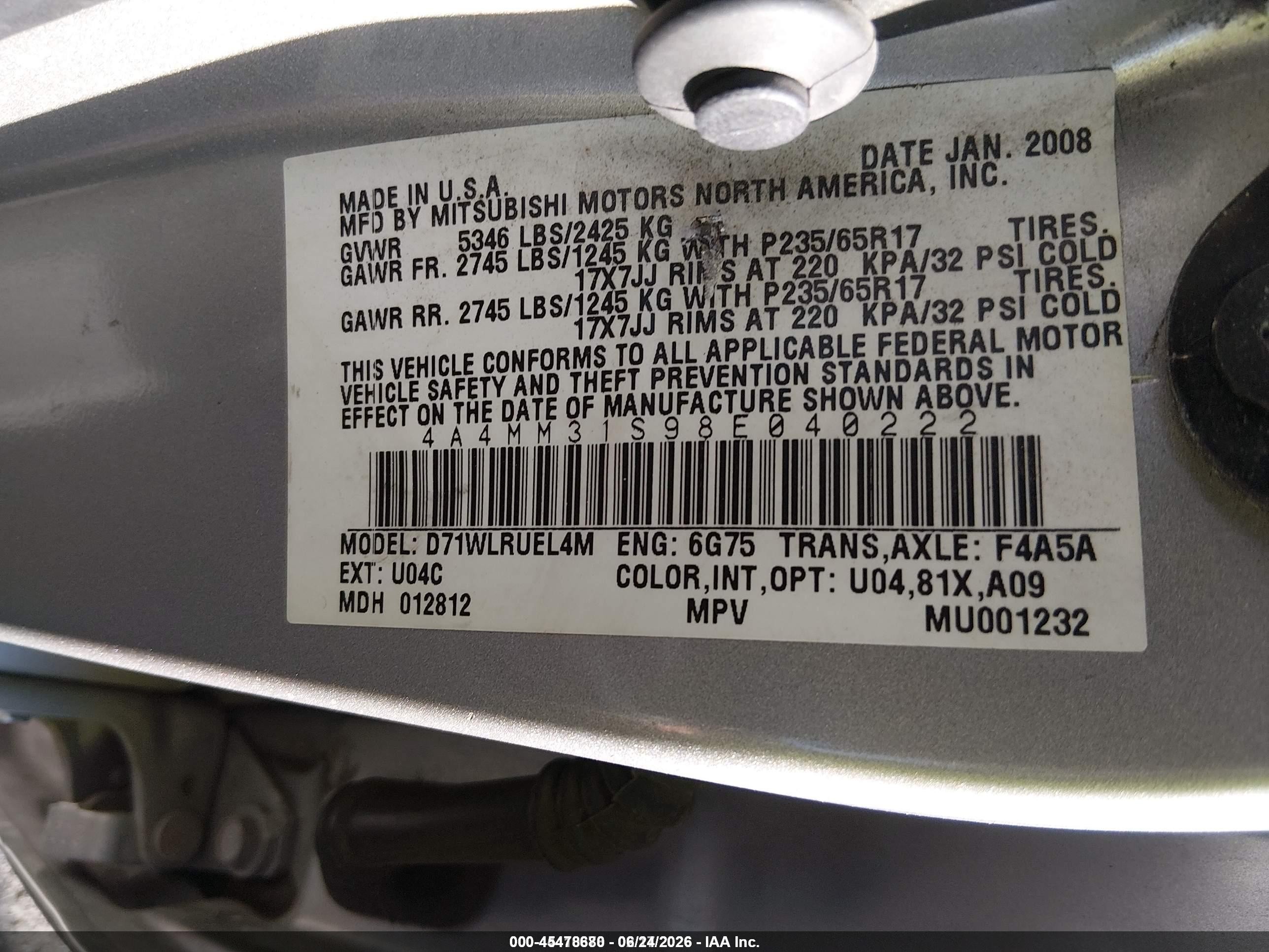 2008 Mitsubishi Endeavor Se Silver vin: 4A4MM31S98E040222