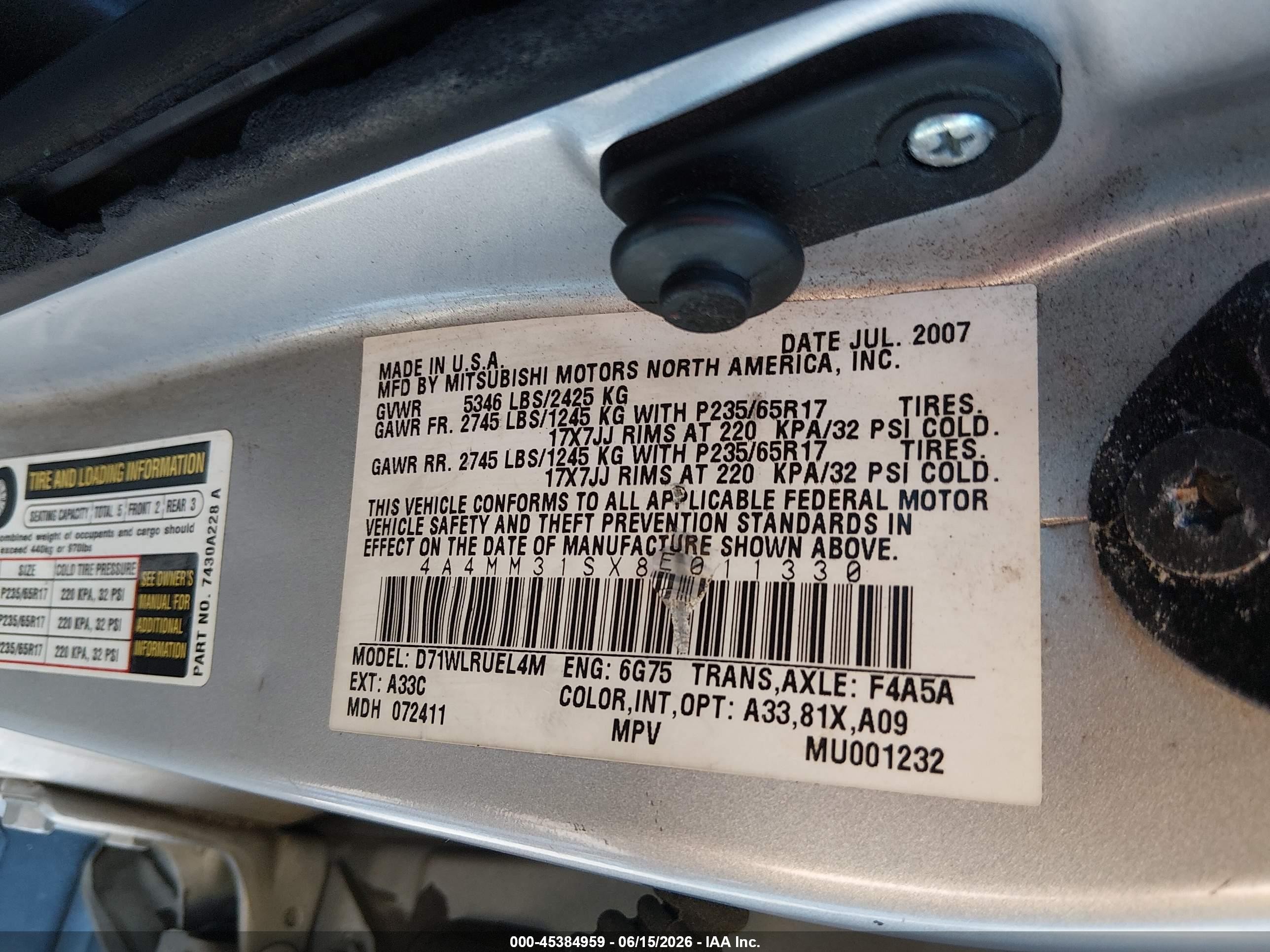 2008 Mitsubishi Endeavor Se Silver vin: 4A4MM31SX8E011330