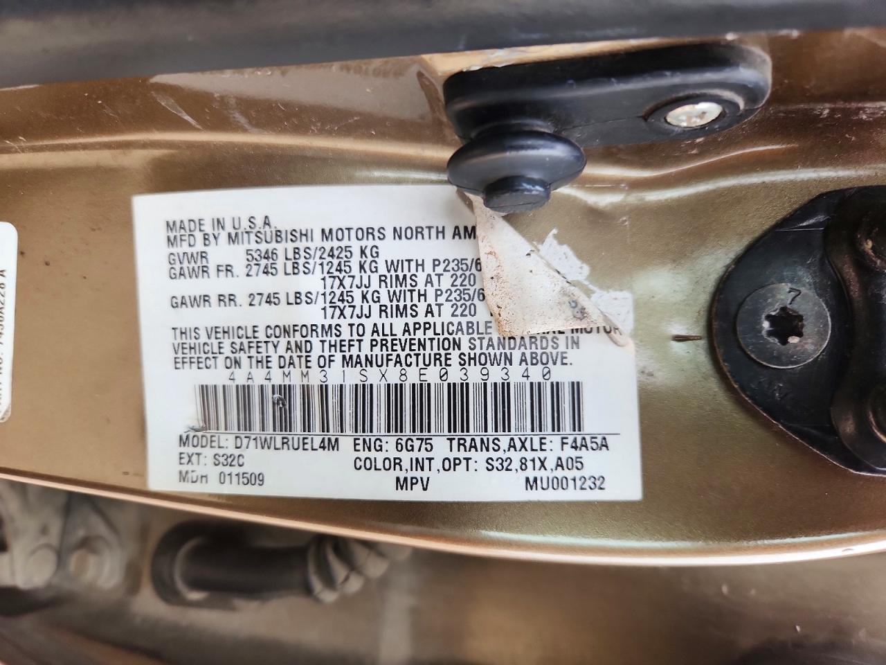 2008 Mitsubishi Endeavor Se Brown vin: 4A4MM31SX8E039340