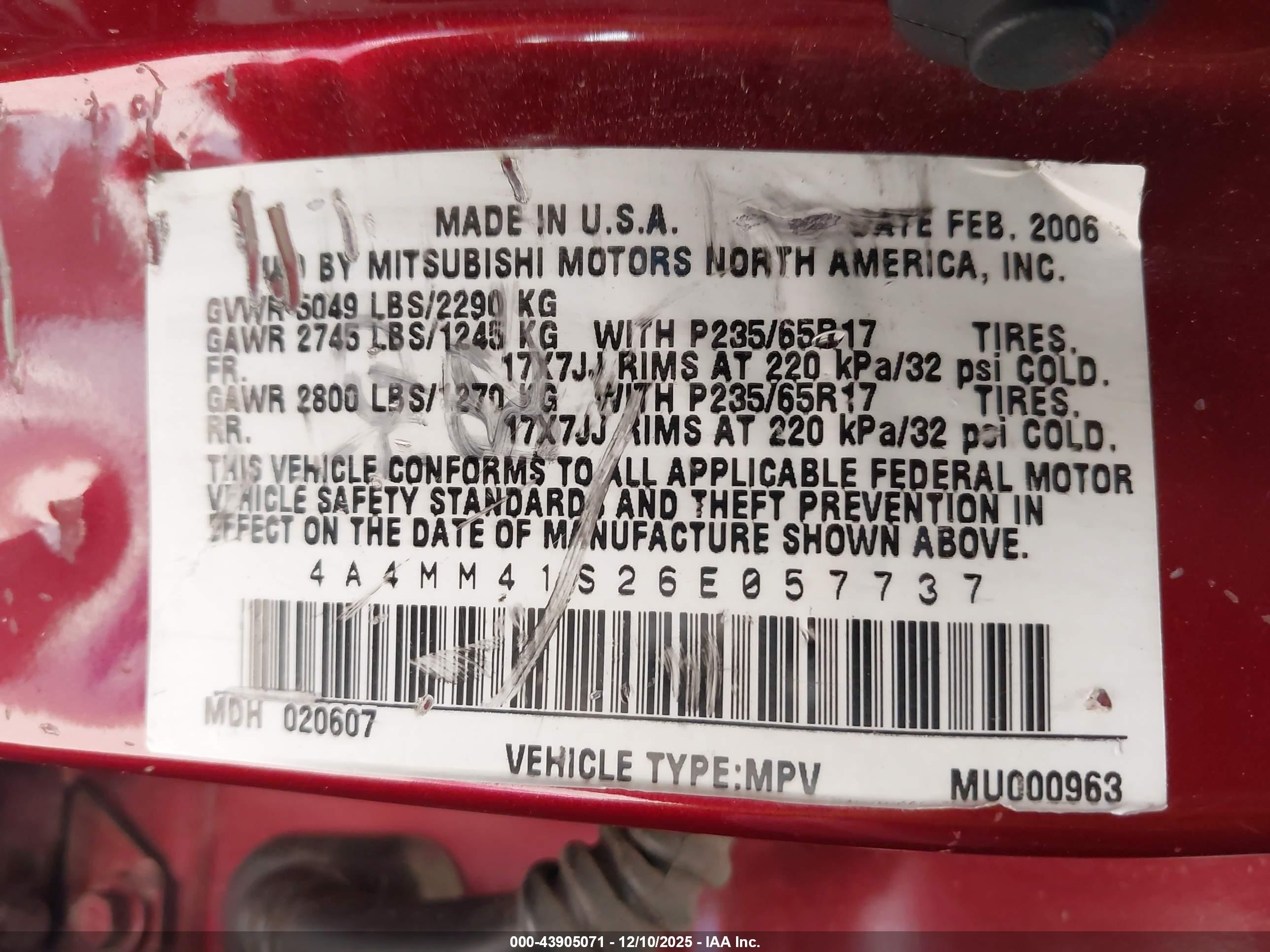 2006 Mitsubishi Endeavor Limited Burgundy vin: 4A4MM41S26E057737