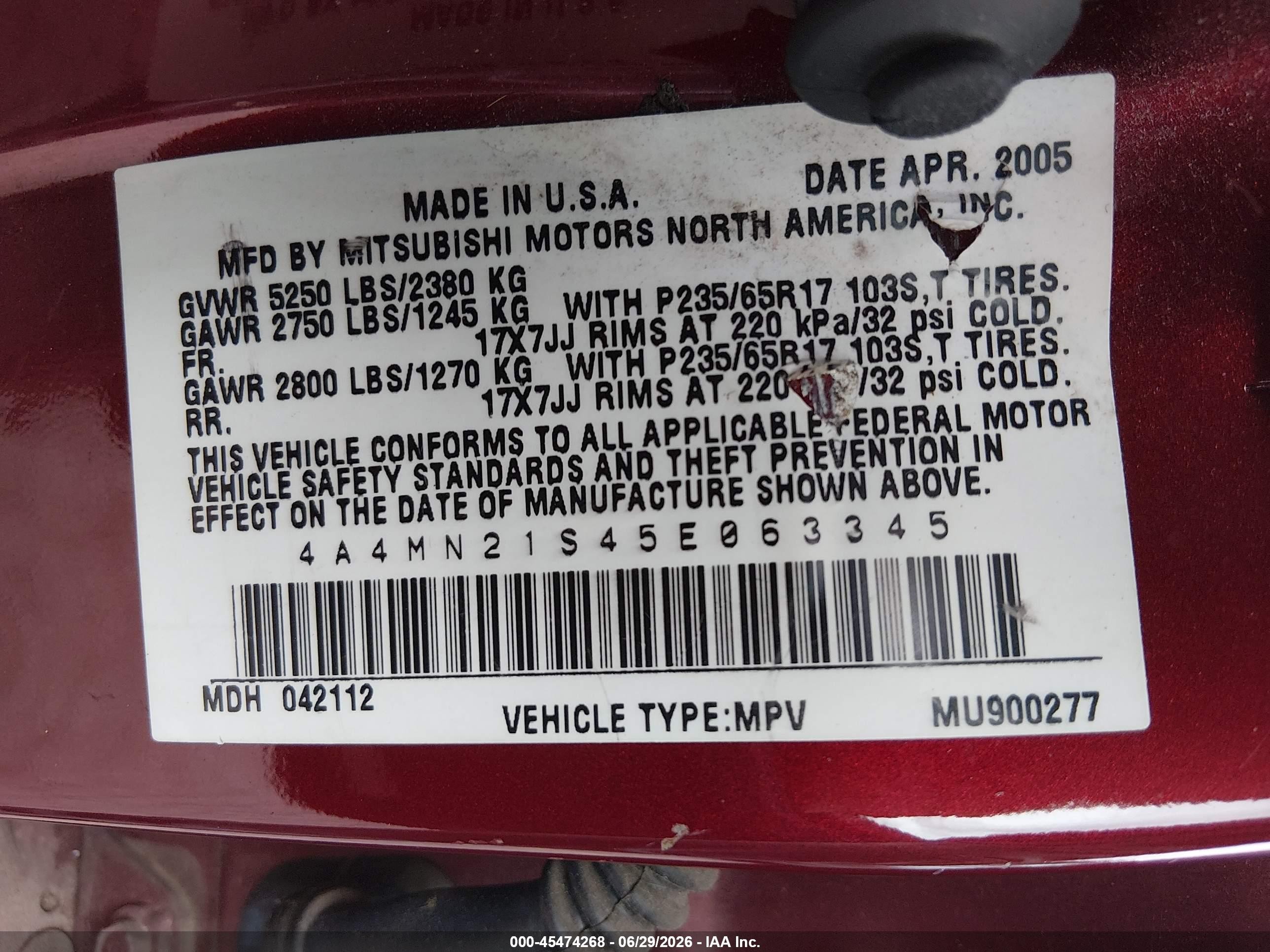 2005 Mitsubishi Endeavor Ls Burgundy vin: 4A4MN21S45E063345