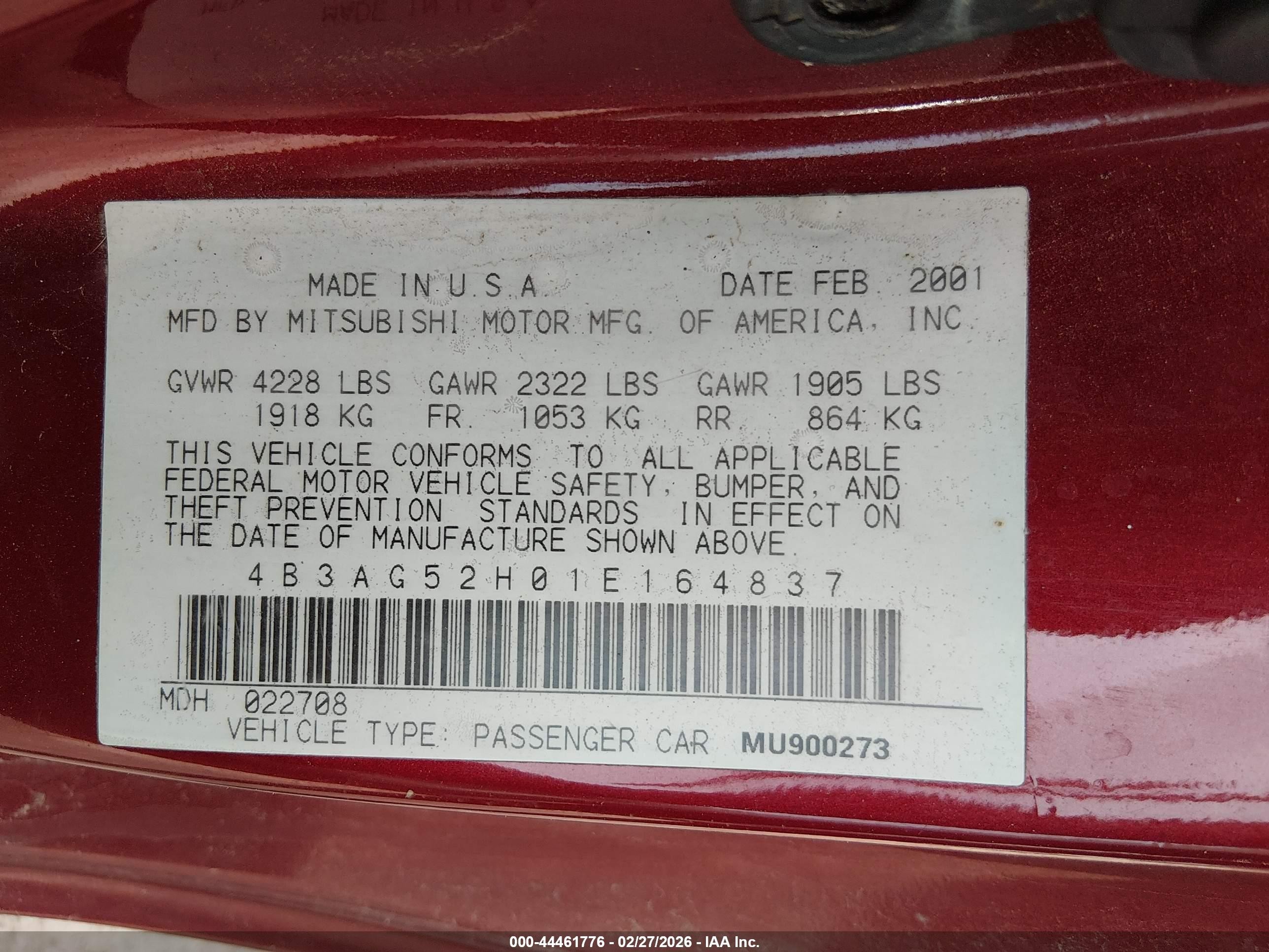 2001 Dodge Stratus R/t Red vin: 4B3AG52H01E164837