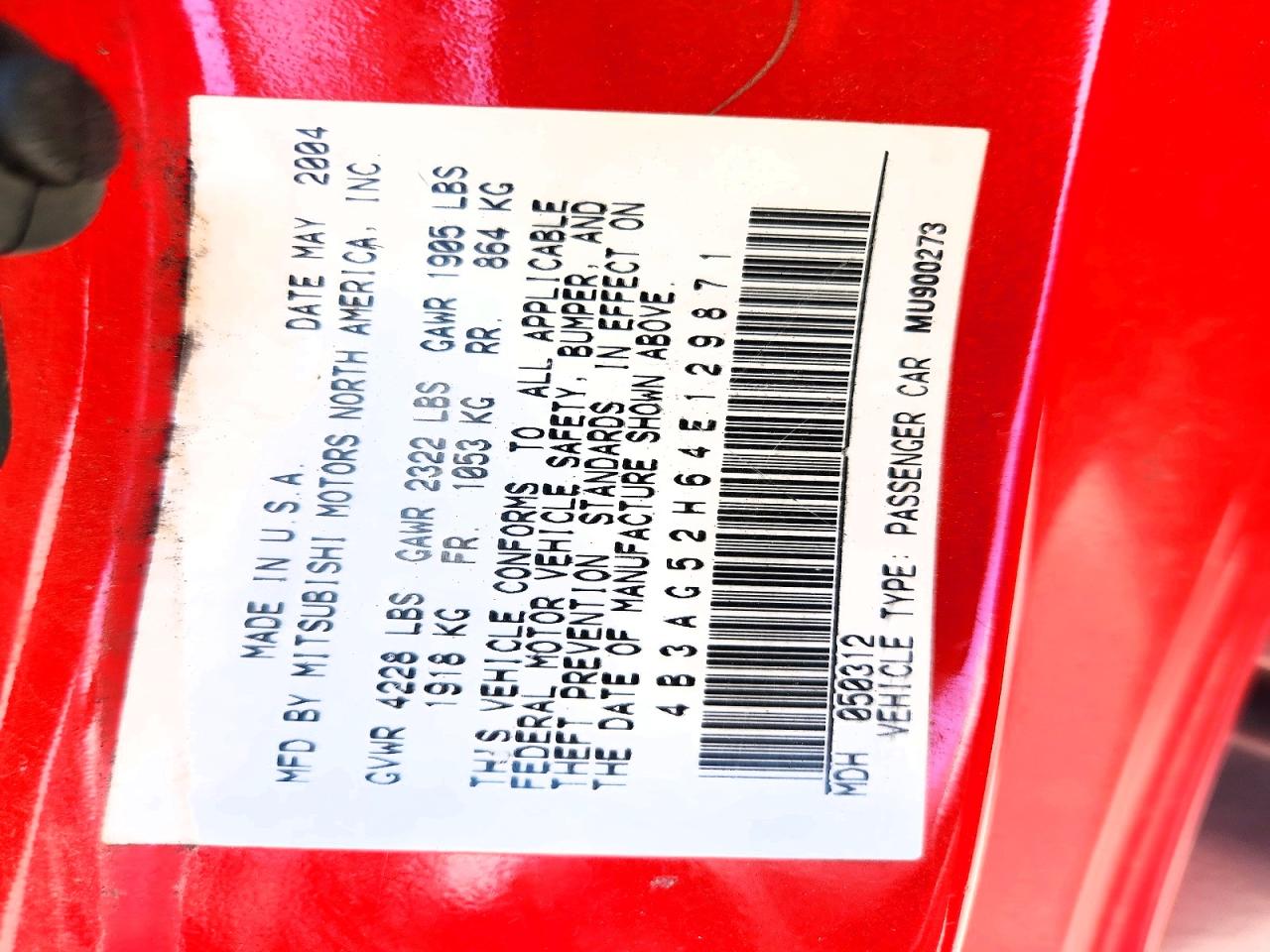 2004 Dodge Stratus R Red vin: 4B3AG52H64E129871