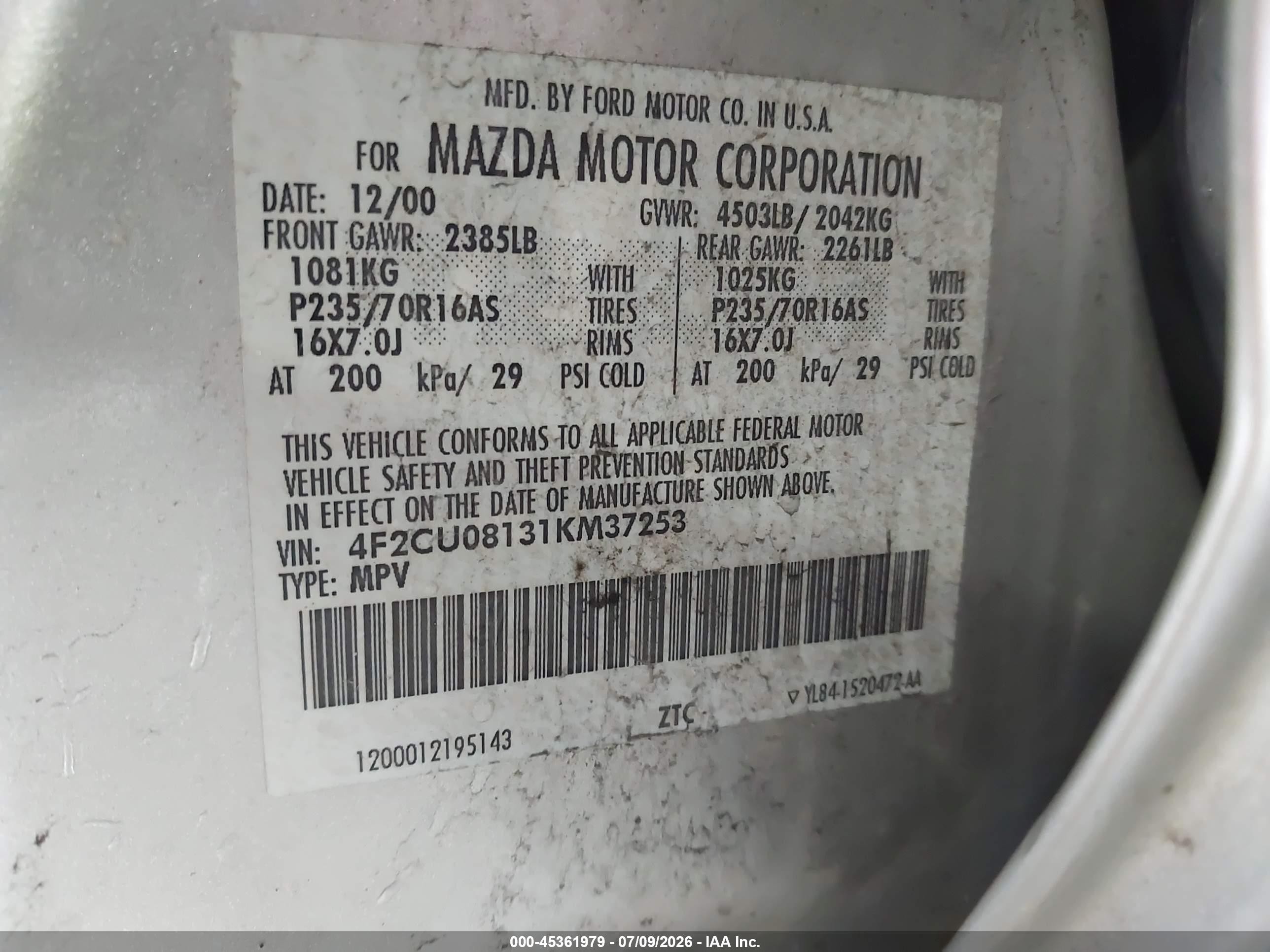 2001 Mazda Tribute Es V6/lx V6 Silver vin: 4F2CU08131KM37253