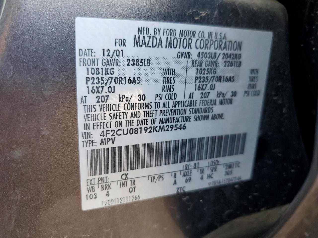 2002 Mazda Tribute Lx Gray vin: 4F2CU08192KM29546
