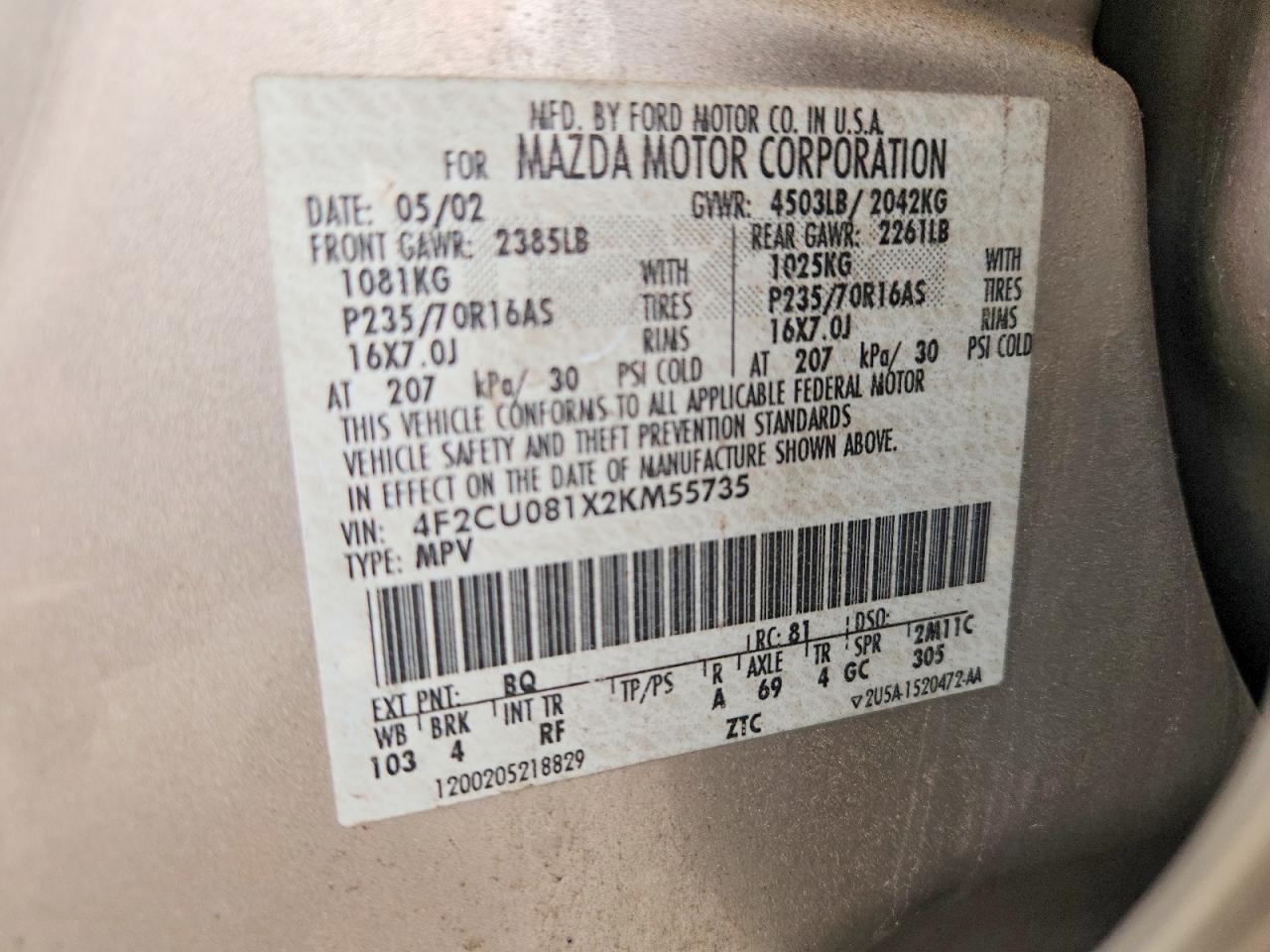 2002 Mazda Tribute Lx Gray vin: 4F2CU081X2KM55735