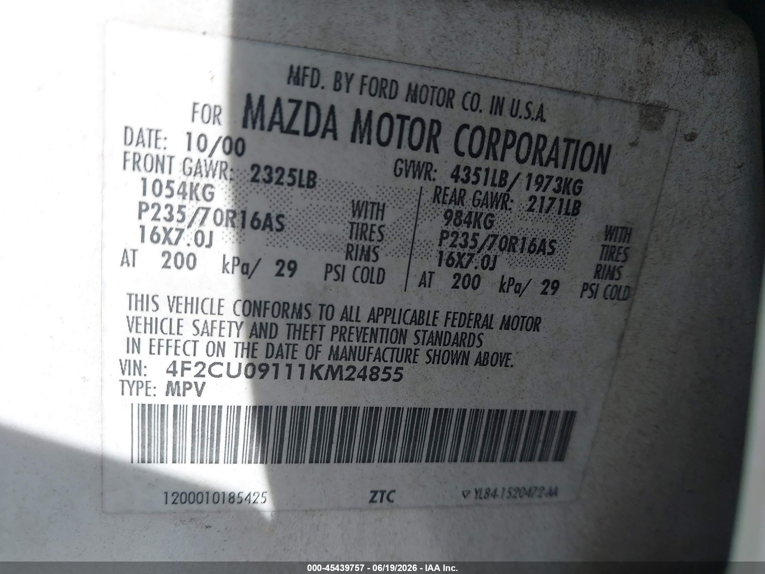 2001 Mazda Tribute Es V6/lx V6 White vin: 4F2CU09111KM24855