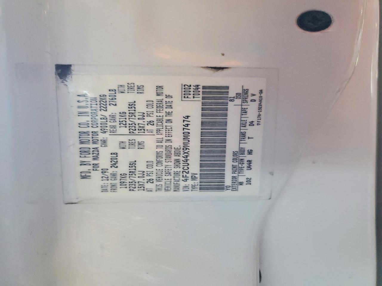 1991 Mazda Navajo Lx White vin: 4F2CU44X9MUM07474