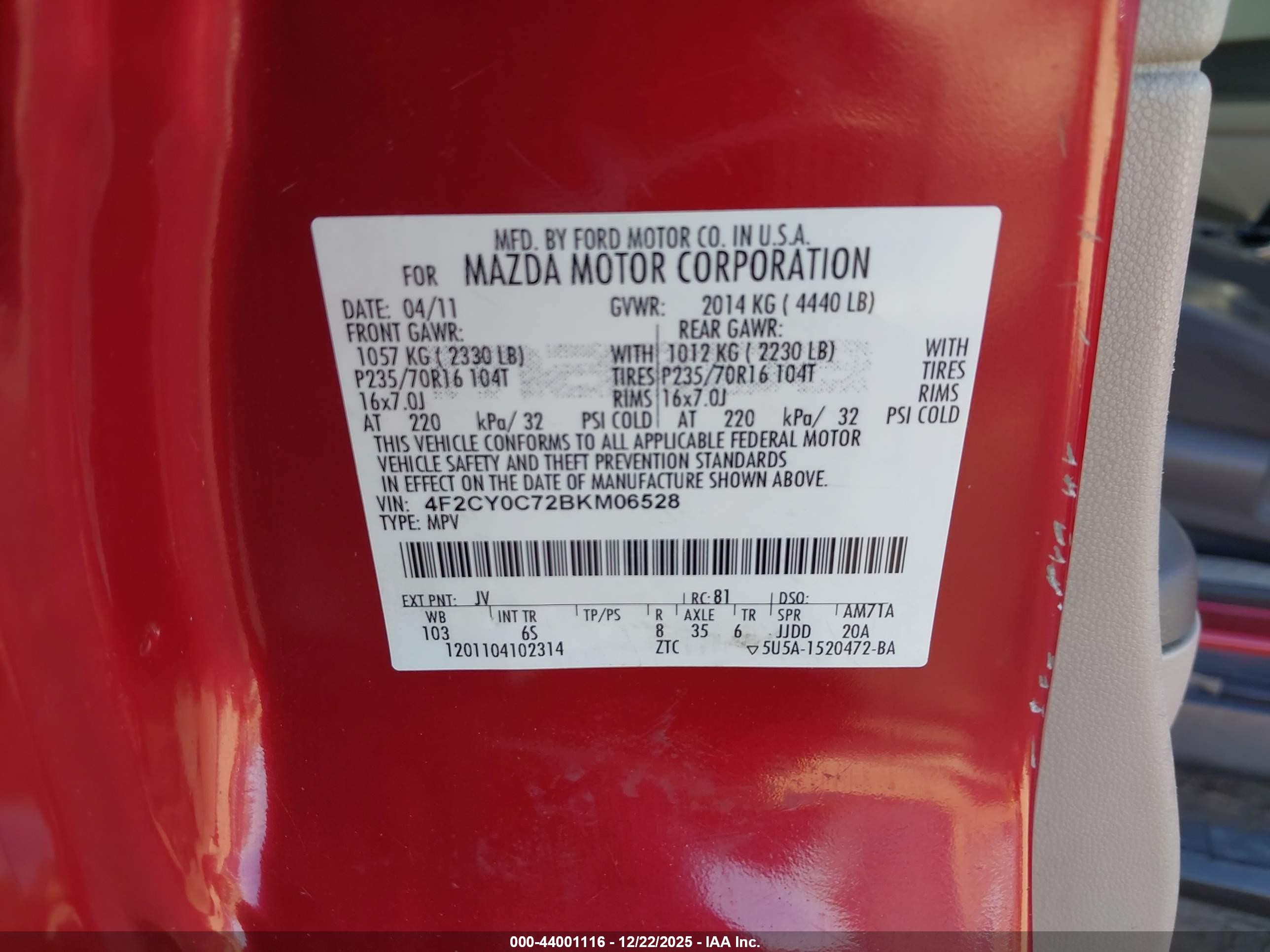 2011 Mazda Tribute I Grand Touring Red vin: 4F2CY0C72BKM06528