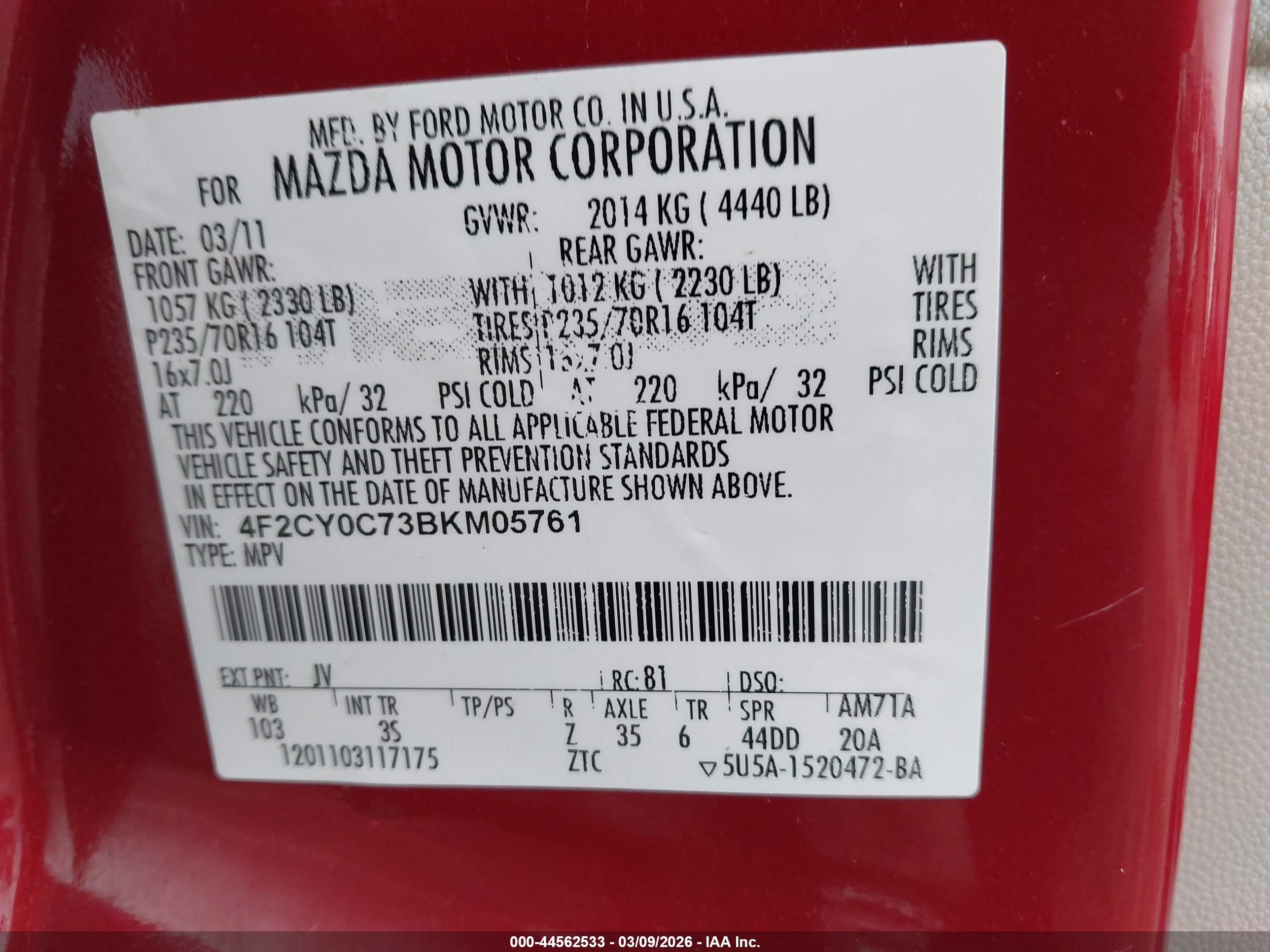 2011 Mazda Tribute I Sport Red vin: 4F2CY0C73BKM05761