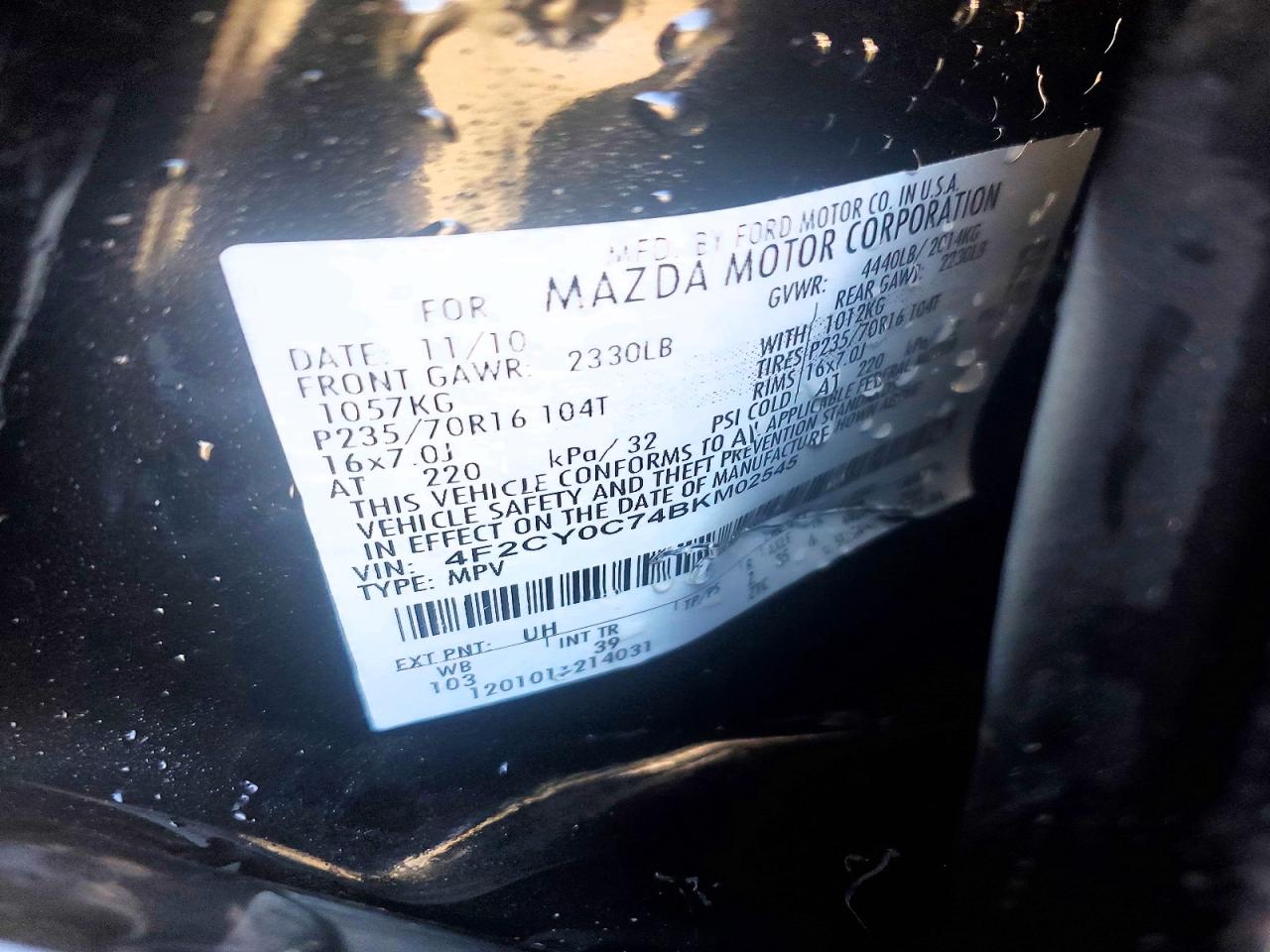 2011 Mazda Tribute I Black vin: 4F2CY0C74BKM02545
