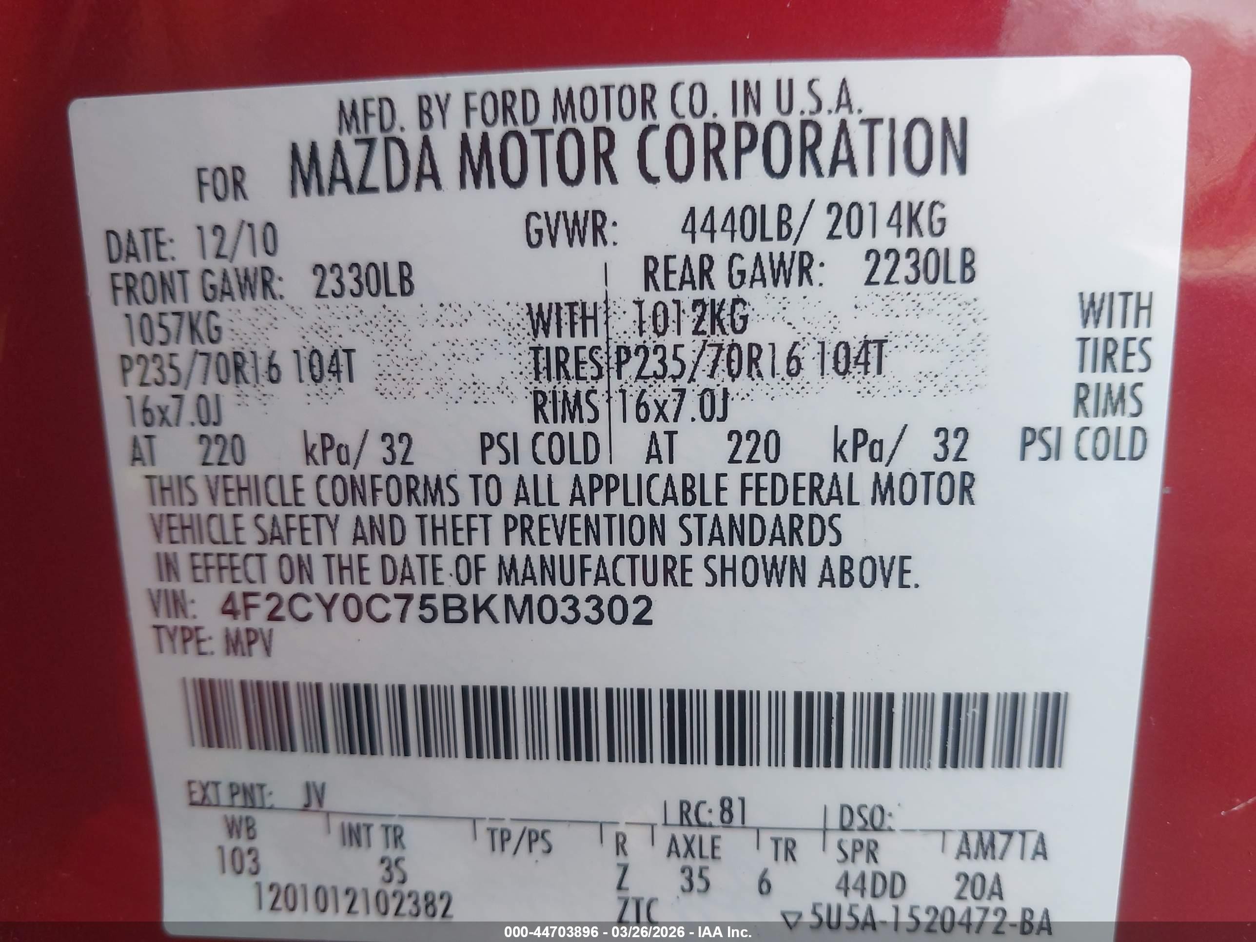 2011 Mazda Tribute I Sport Red vin: 4F2CY0C75BKM03302