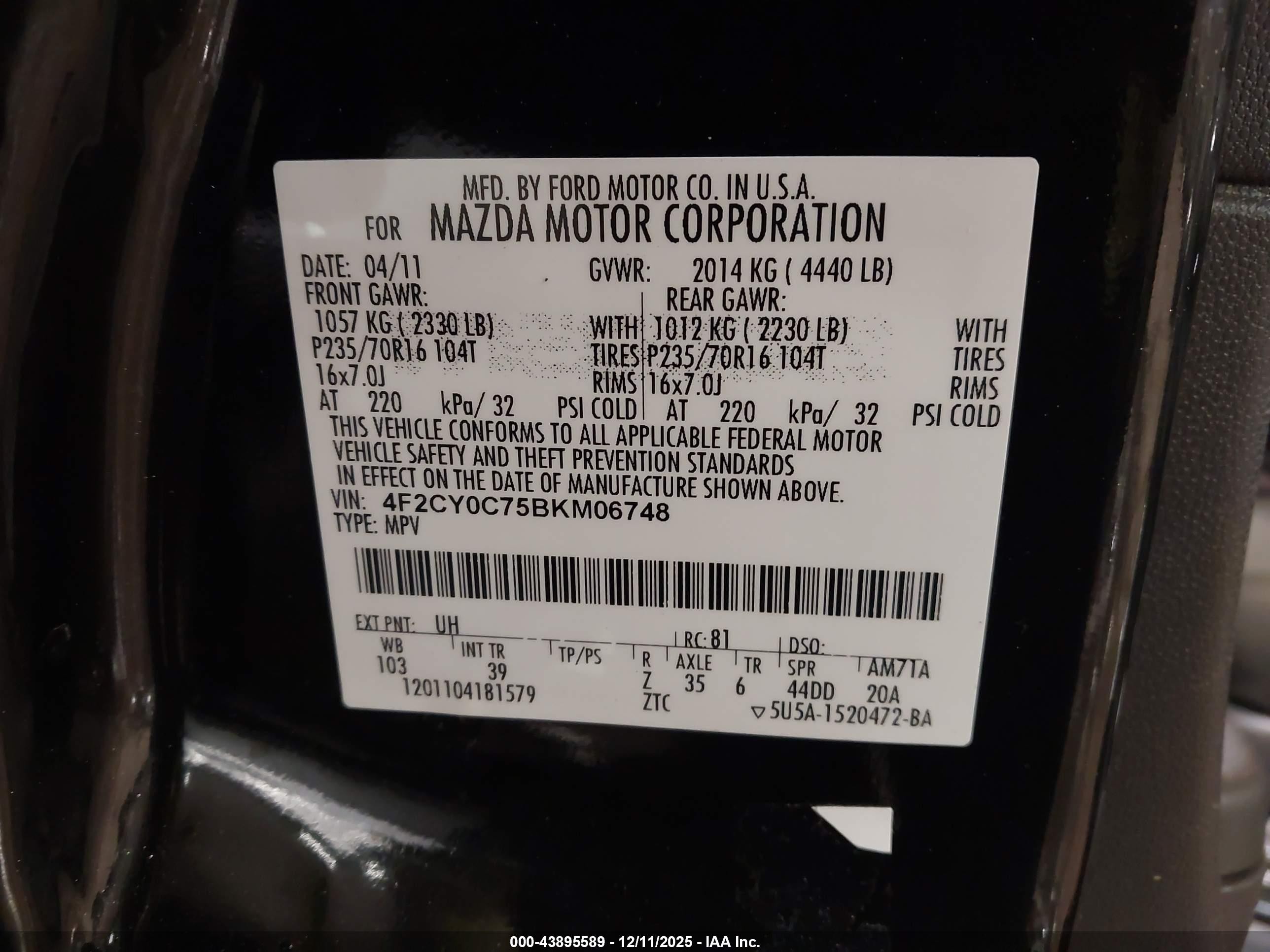 2011 Mazda Tribute I Sport Черный vin: 4F2CY0C75BKM06748