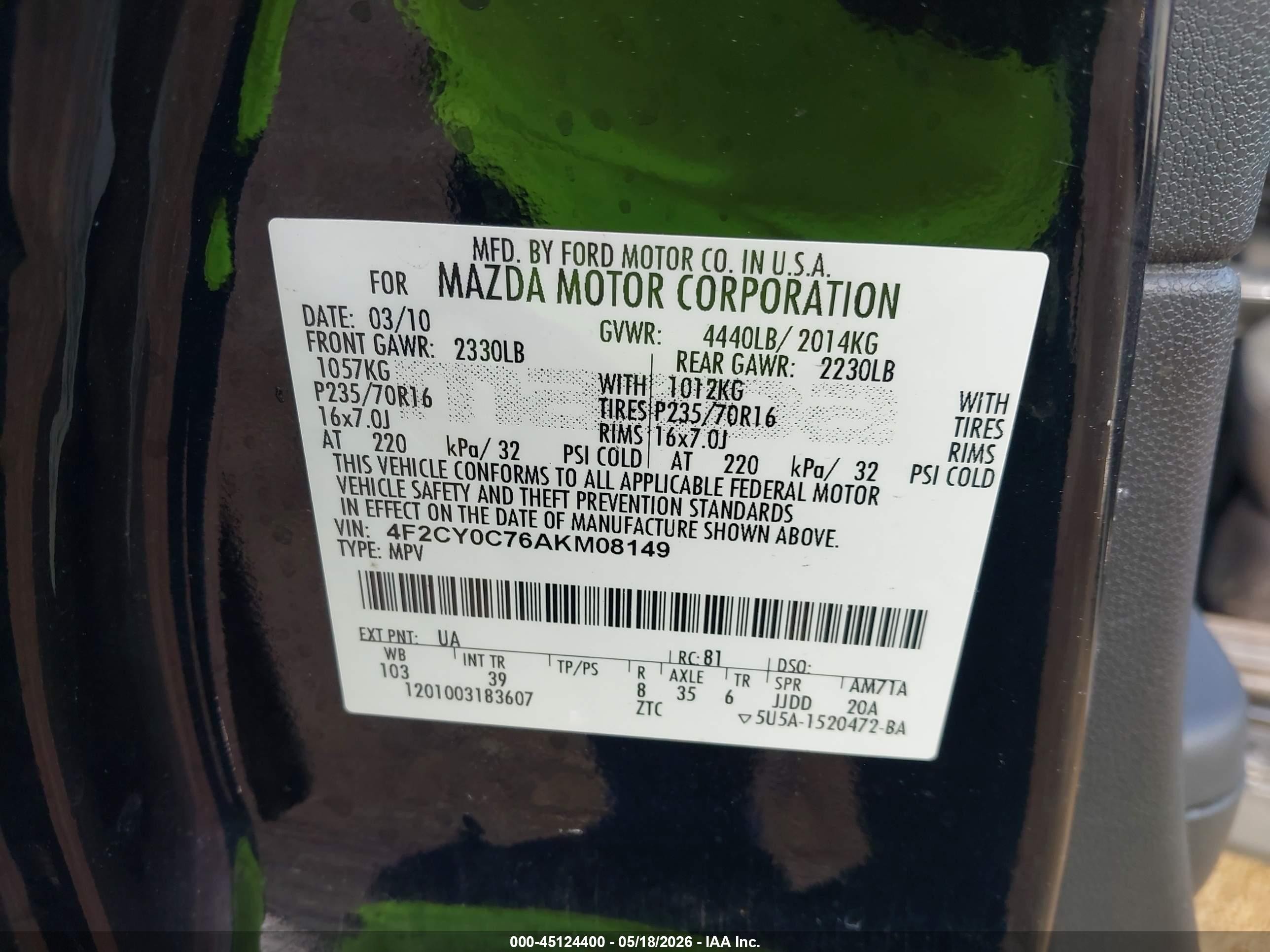 2010 Mazda Tribute I Touring Black vin: 4F2CY0C76AKM08149