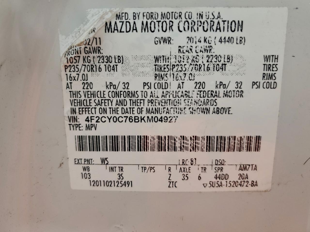2011 Mazda Tribute I White vin: 4F2CY0C76BKM04927
