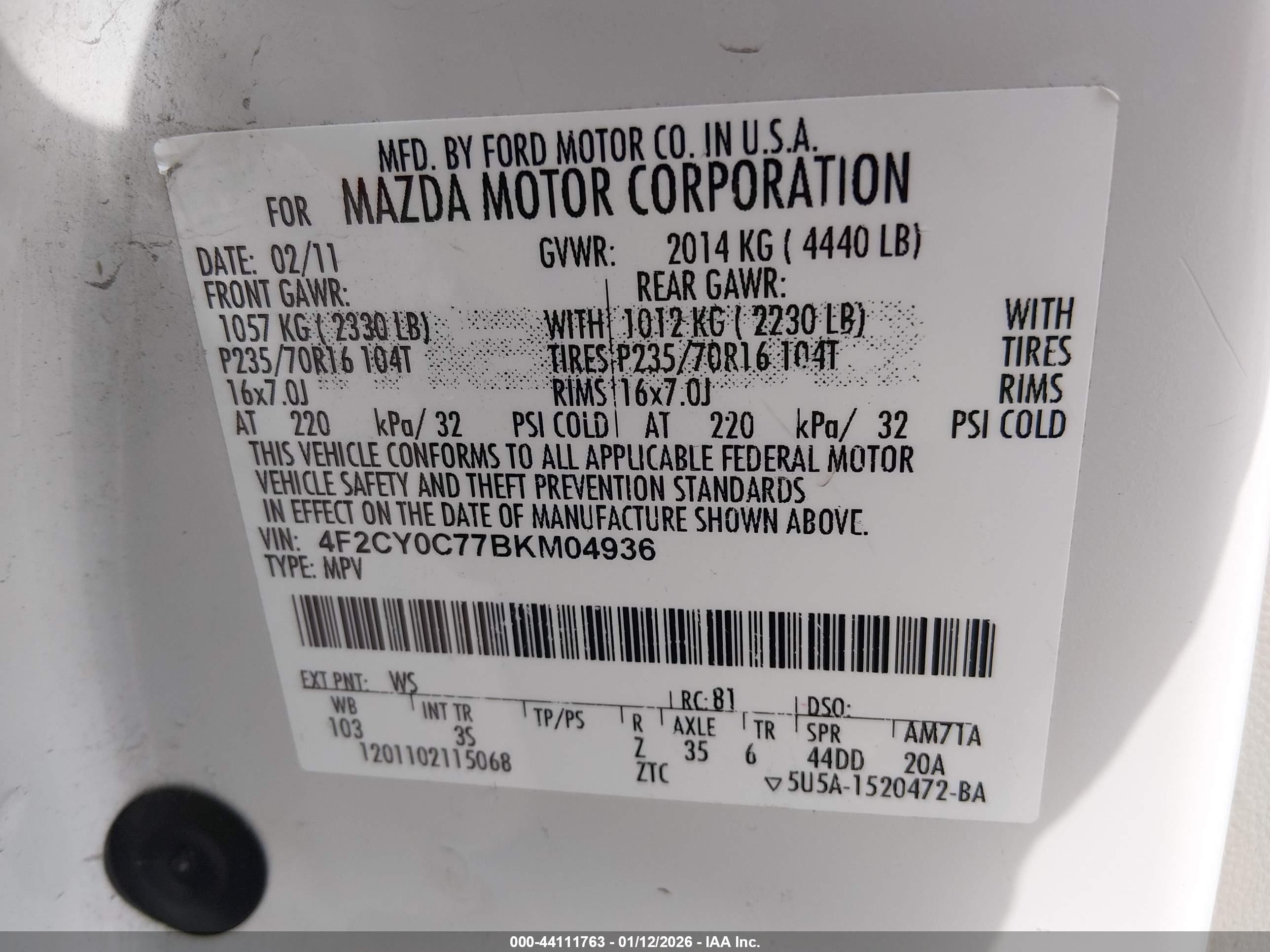 2011 Mazda Tribute I Sport White vin: 4F2CY0C77BKM04936