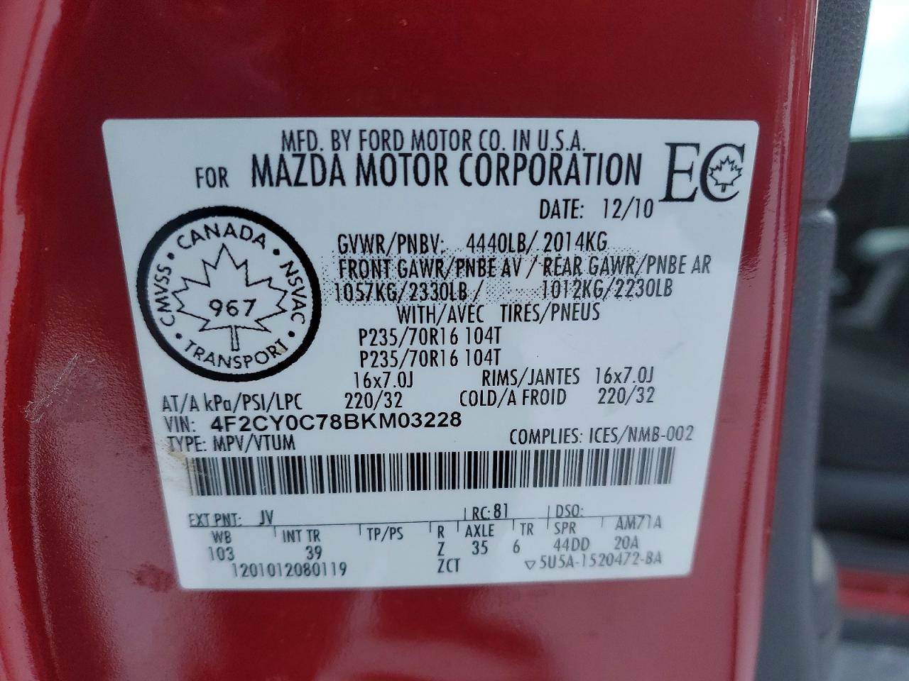 2011 Mazda Tribute I Красный vin: 4F2CY0C78BKM03228