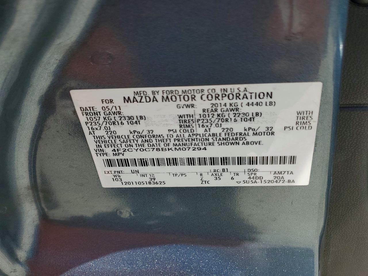 2011 Mazda Tribute I Blue vin: 4F2CY0C78BKM07294