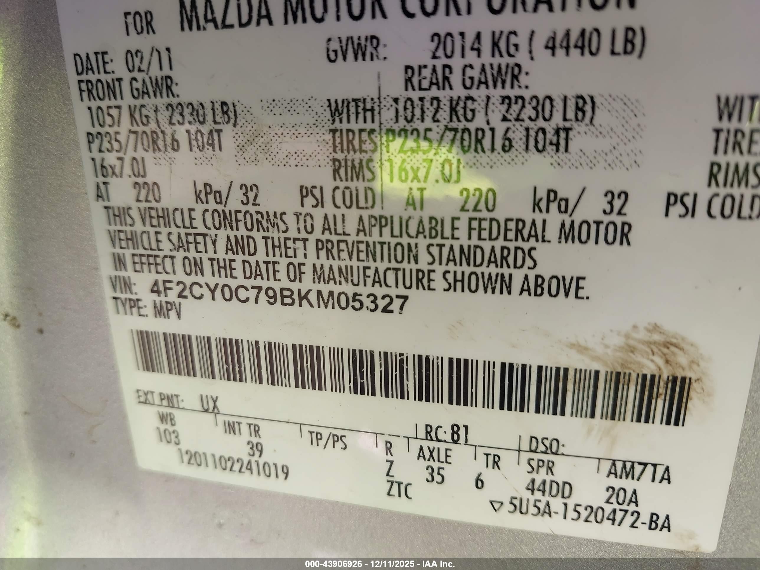 2011 Mazda Tribute I Sport Серебряный vin: 4F2CY0C79BKM05327