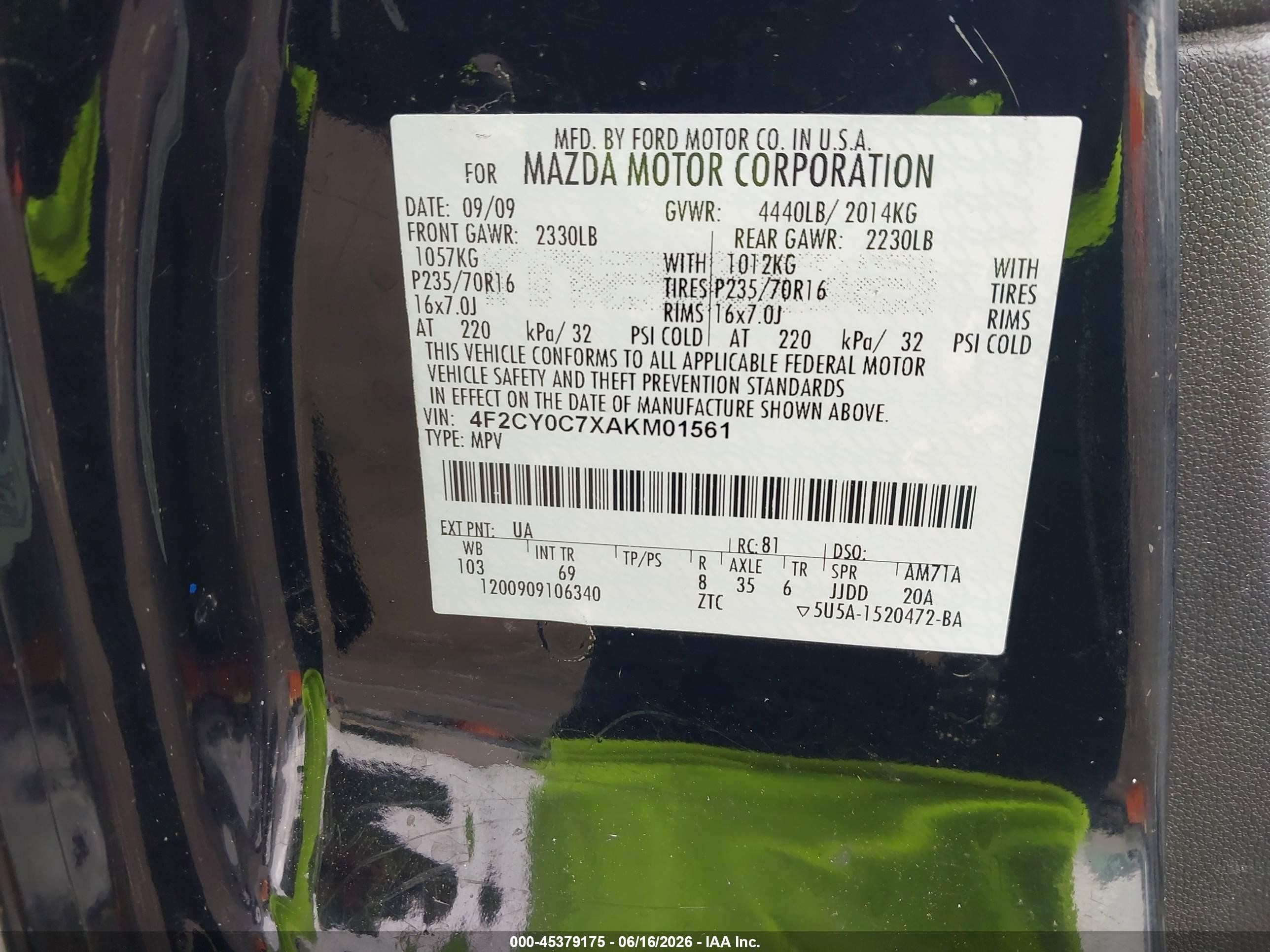 2010 Mazda Tribute I Grand Touring Black vin: 4F2CY0C7XAKM01561