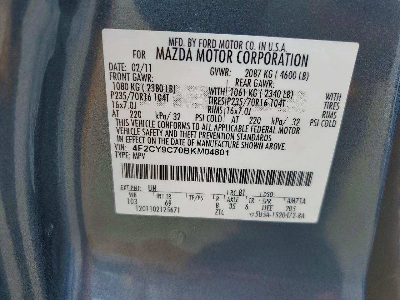 2011 Mazda Tribute I Blue vin: 4F2CY9C70BKM04801