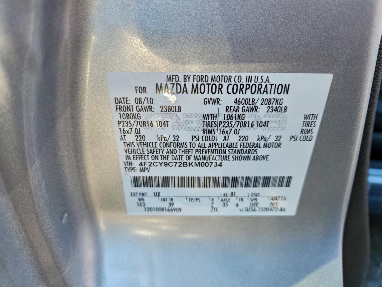 2011 Mazda Tribute I Silver vin: 4F2CY9C72BKM00734
