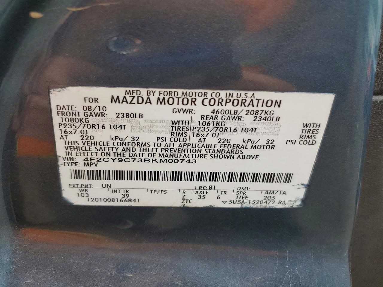 2011 Mazda Tribute I Blue vin: 4F2CY9C73BKM00743