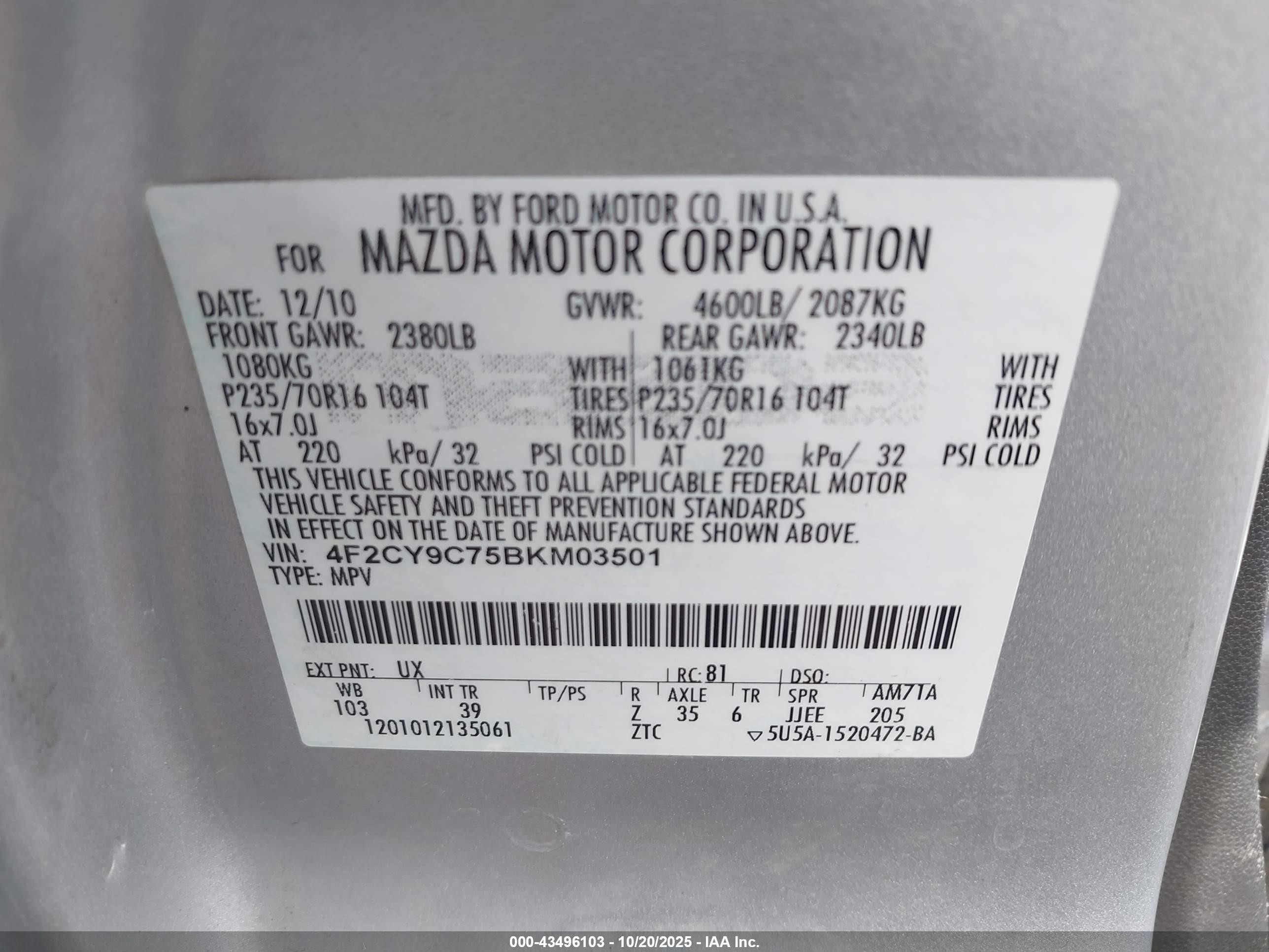 2011 Mazda Tribute I Sport Silver vin: 4F2CY9C75BKM03501