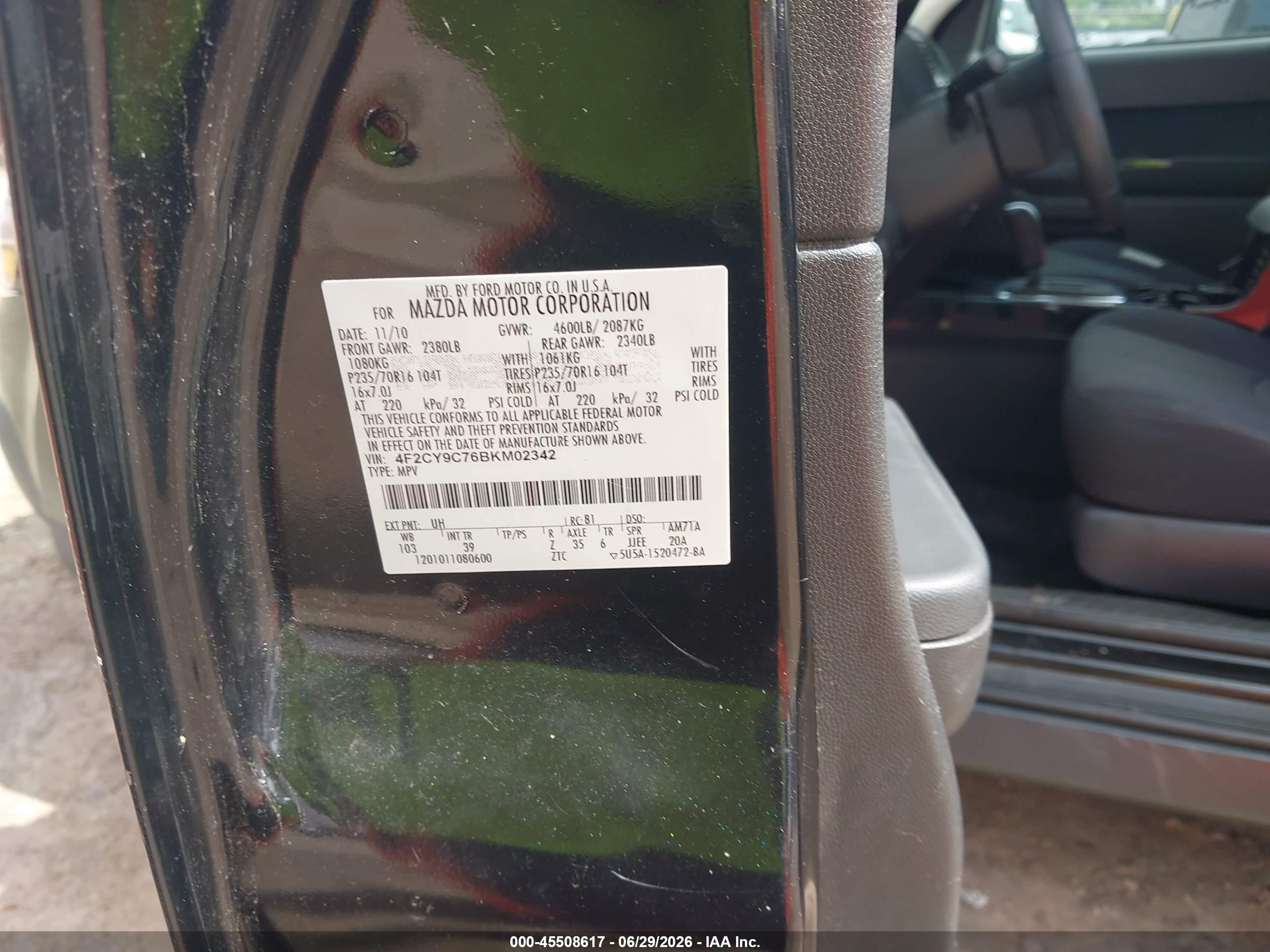 2011 Mazda Tribute I Sport Black vin: 4F2CY9C76BKM02342