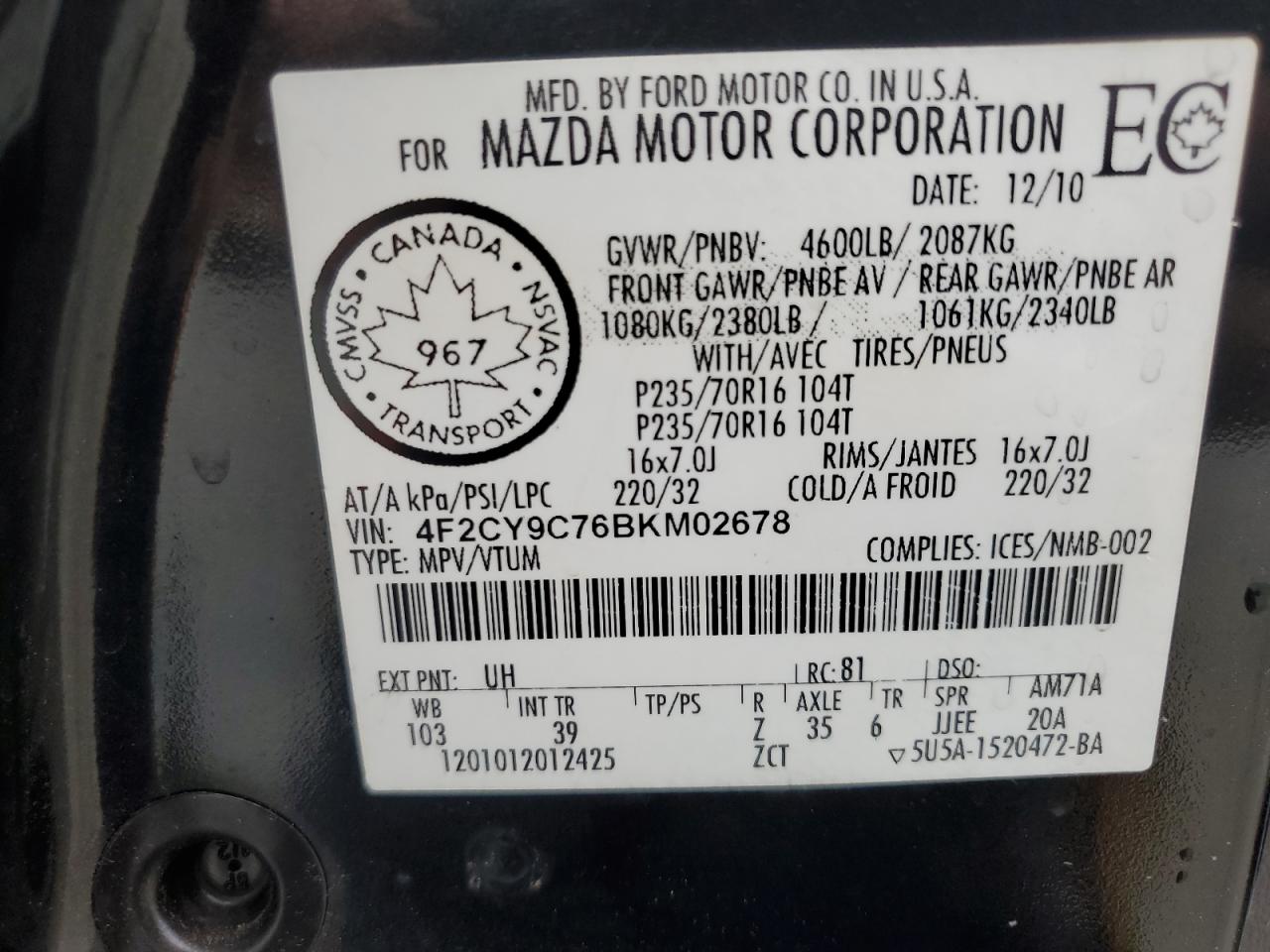 2011 Mazda Tribute I Black vin: 4F2CY9C76BKM02678