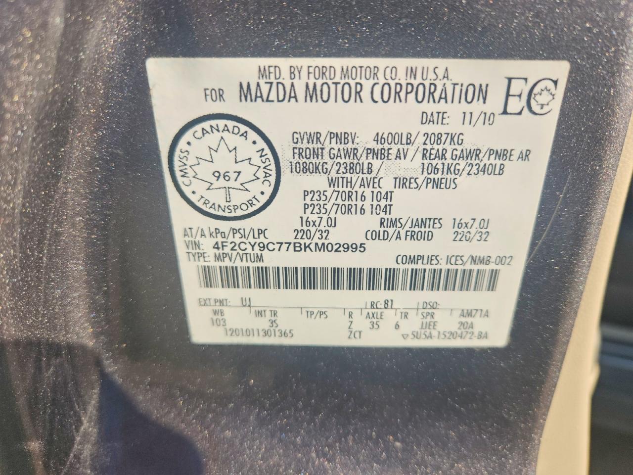 2011 Mazda Tribute I Gray vin: 4F2CY9C77BKM02995